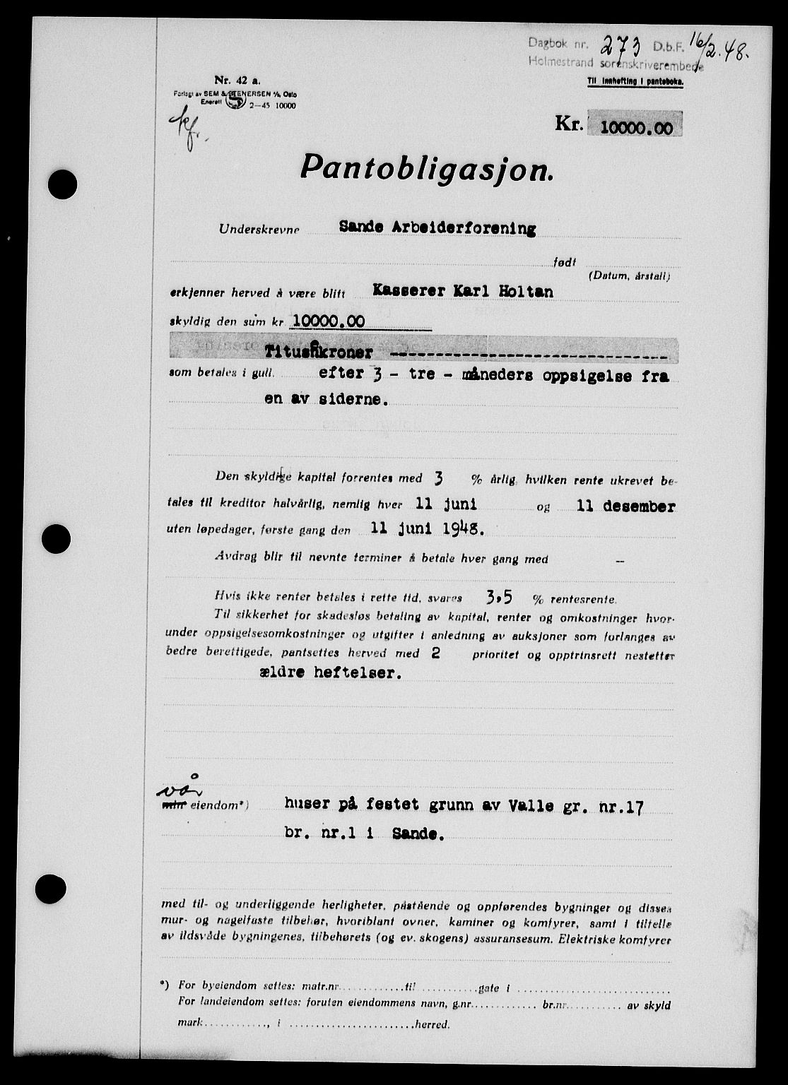 Holmestrand sorenskriveri, SAKO/A-67/G/Ga/Gab/L0058: Pantebok nr. B-58, 1947-1948, Dagboknr: 273/1948