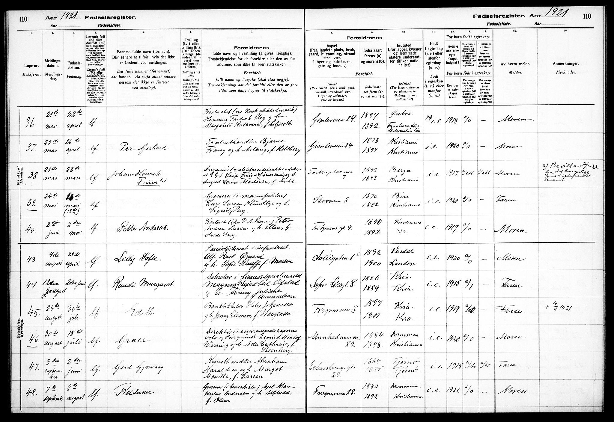 Frogner prestekontor Kirkebøker, SAO/A-10886/J/Ja/L0001: Fødselsregister nr. 1, 1916-1927, s. 110