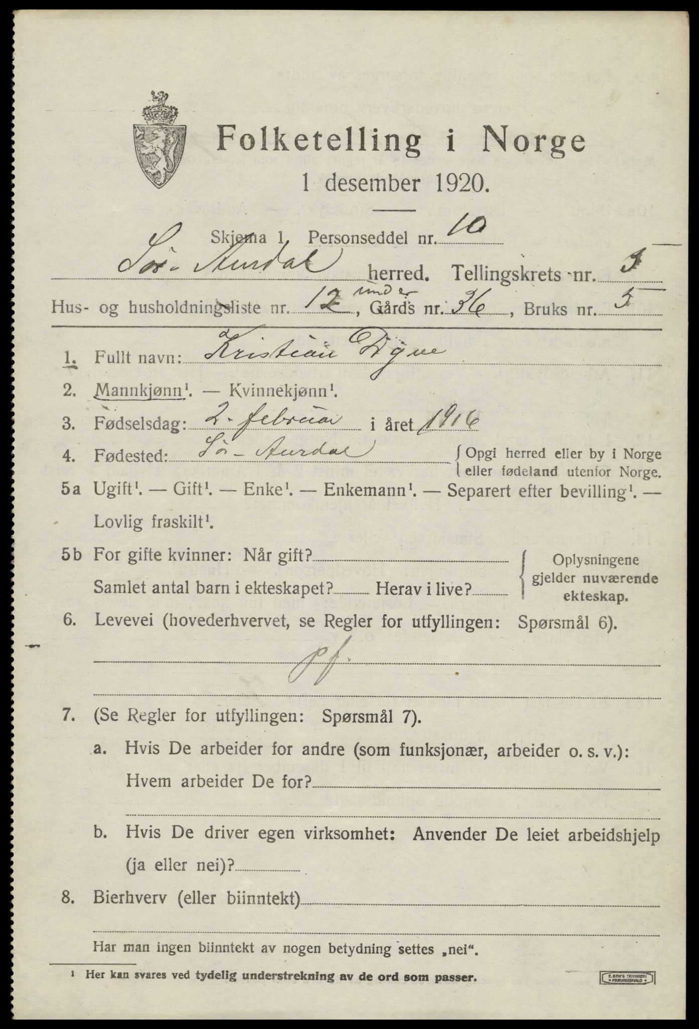 SAH, Folketelling 1920 for 0540 Sør-Aurdal herred, 1920, s. 2889