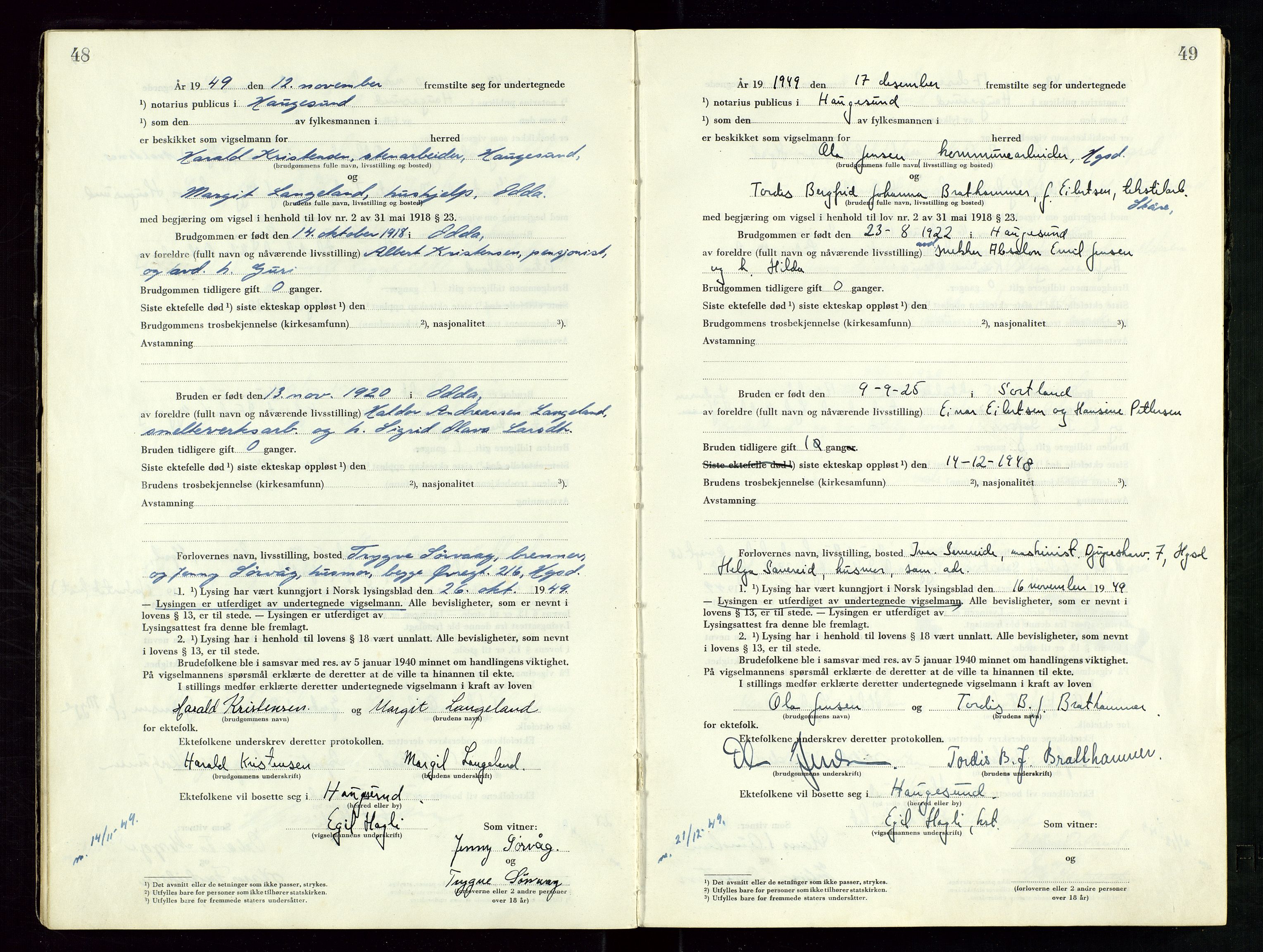 Haugesund tingrett, AV/SAST-A-101415/01/III/IIID/L0006: Vigselbok, 1948-1956, s. 48-49