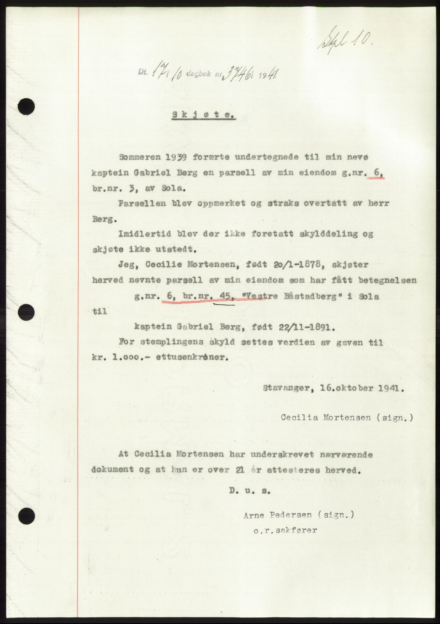 Jæren sorenskriveri, SAST/A-100310/03/G/Gba/L0081: Pantebok, 1941-1941, Dagboknr: 3746/1941