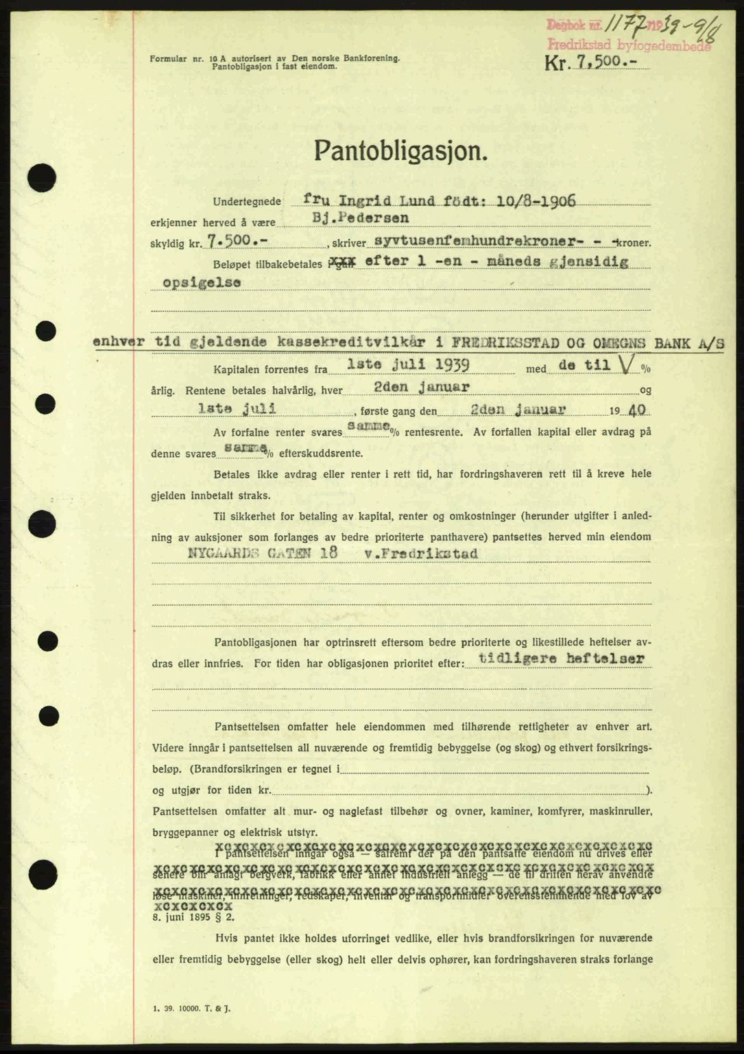 Fredrikstad byfogd, SAO/A-10473a/G/Ga/Gad/L0002: Pantebok nr. B2, 1938-1939, Dagboknr: 1177/1939