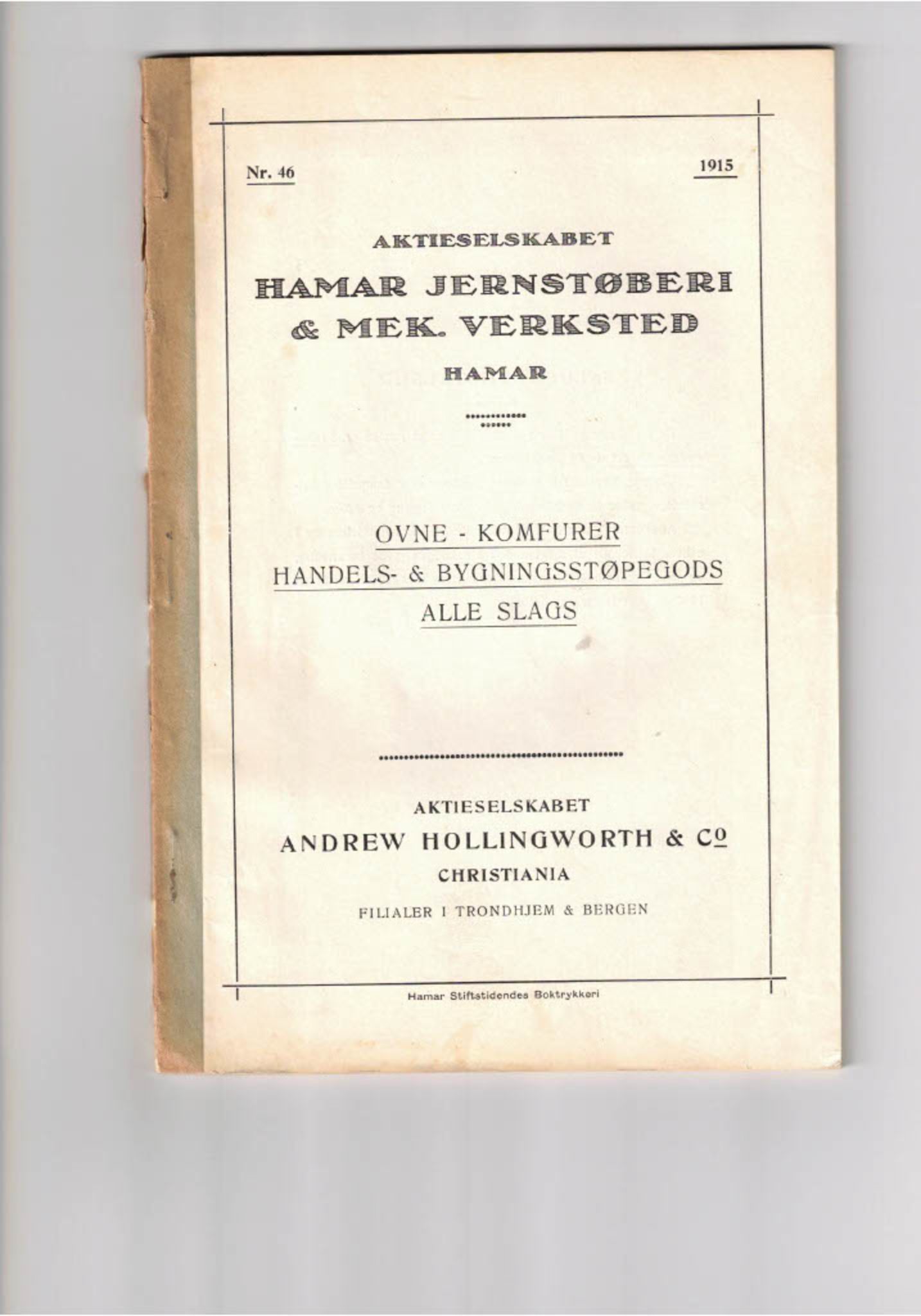 Næs Jernverksmuseets samling av historiske ovnskataloger, NESJ/NJM-006/01/L0063: Hamar Jernstøberi & Mek. Verksted, Hamar, 1915