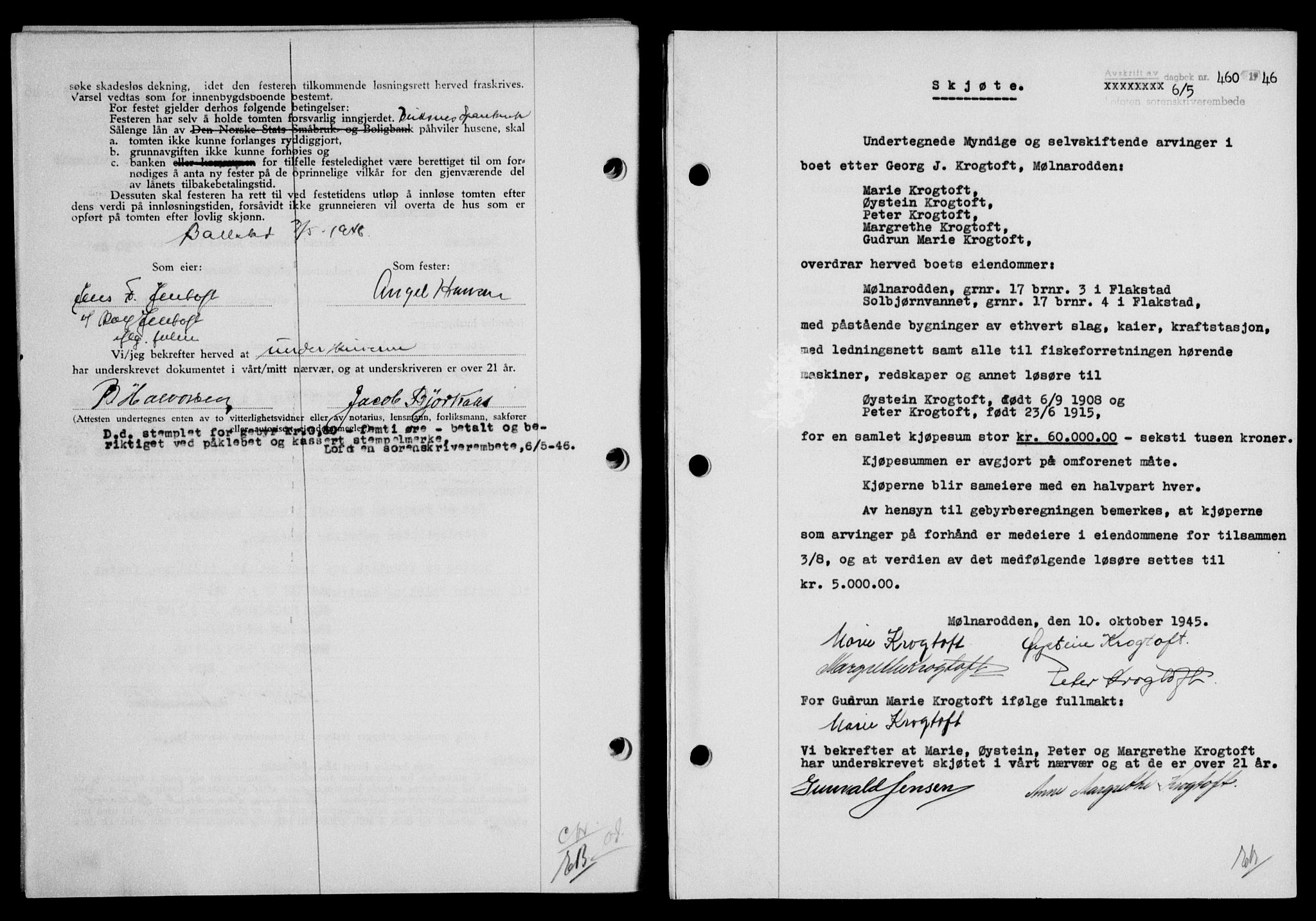 Lofoten sorenskriveri, SAT/A-0017/1/2/2C/L0014a: Pantebok nr. 14a, 1946-1946, Dagboknr: 460/1946