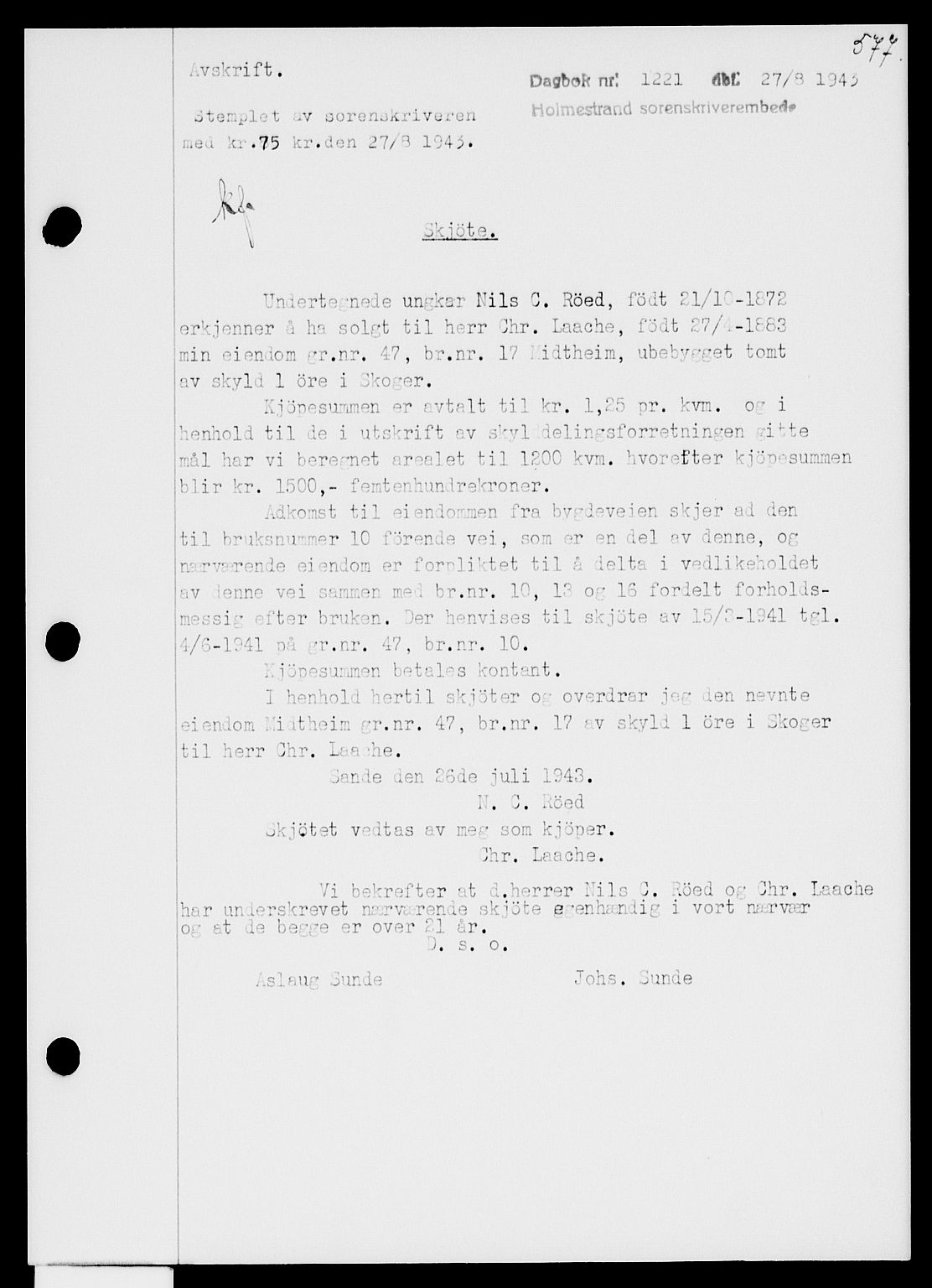 Holmestrand sorenskriveri, SAKO/A-67/G/Ga/Gaa/L0057: Pantebok nr. A-57, 1943-1944, Dagboknr: 1221/1943