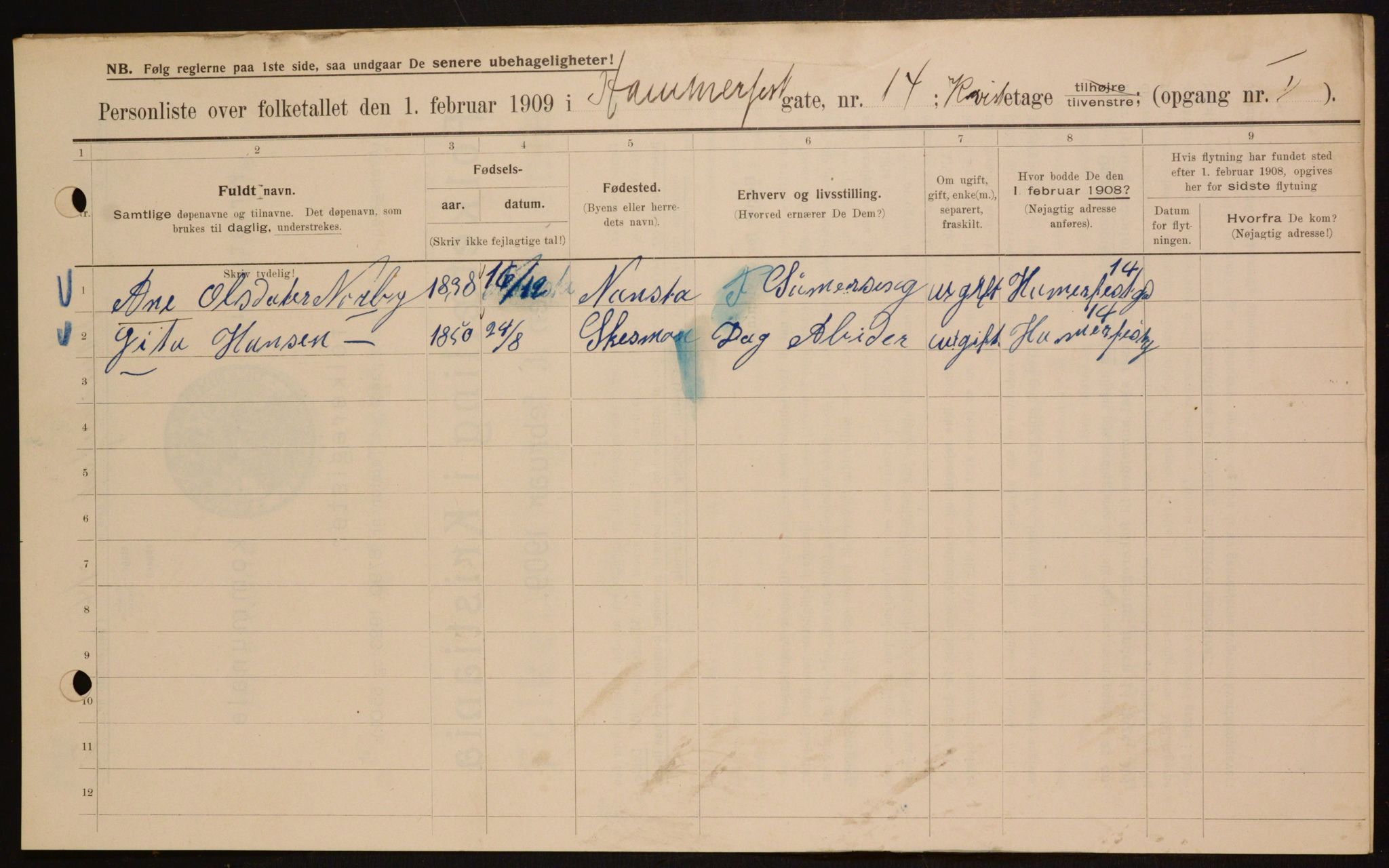 OBA, Kommunal folketelling 1.2.1909 for Kristiania kjøpstad, 1909, s. 31084