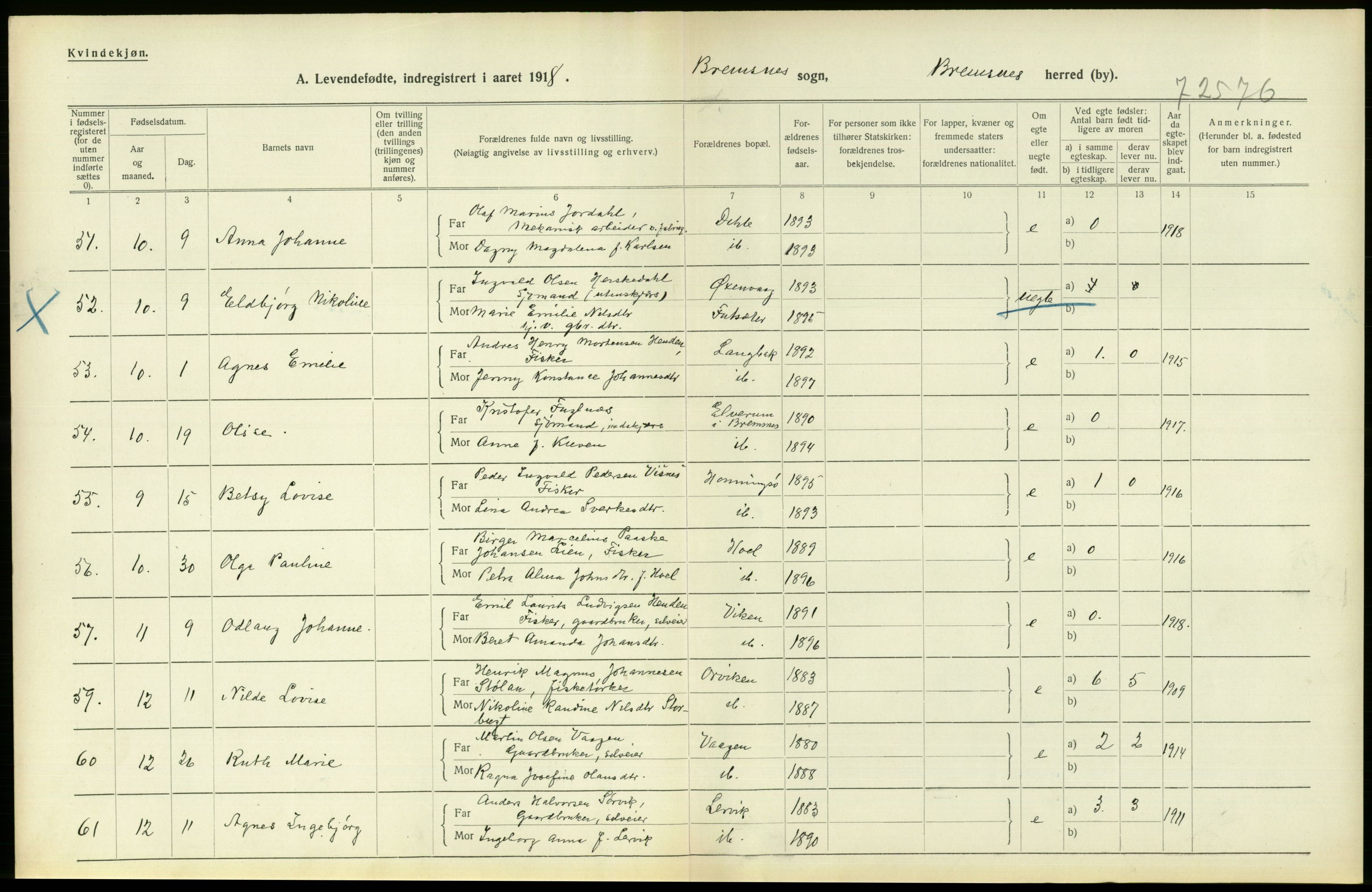 Statistisk sentralbyrå, Sosiodemografiske emner, Befolkning, RA/S-2228/D/Df/Dfb/Dfbh/L0043: Møre fylke: Levendefødte menn og kvinner. Bygder., 1918, s. 758