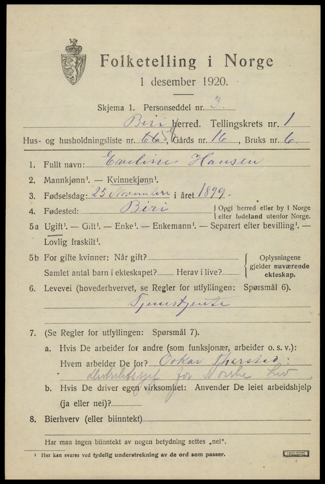 SAH, Folketelling 1920 for 0525 Biri herred, 1920, s. 1757
