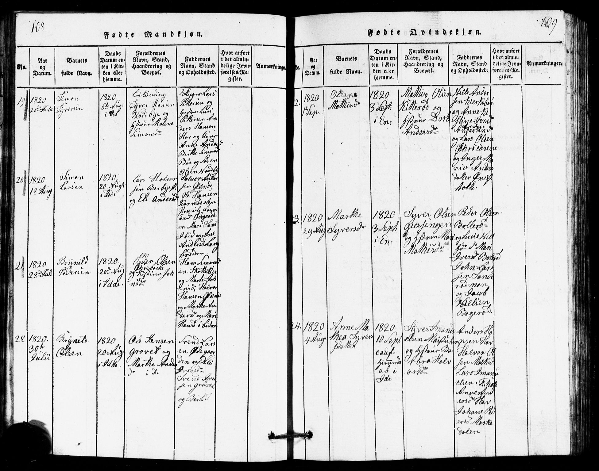 Idd prestekontor Kirkebøker, AV/SAO-A-10911/G/Ga/L0001: Klokkerbok nr. I 1, 1815-1826, s. 108-109