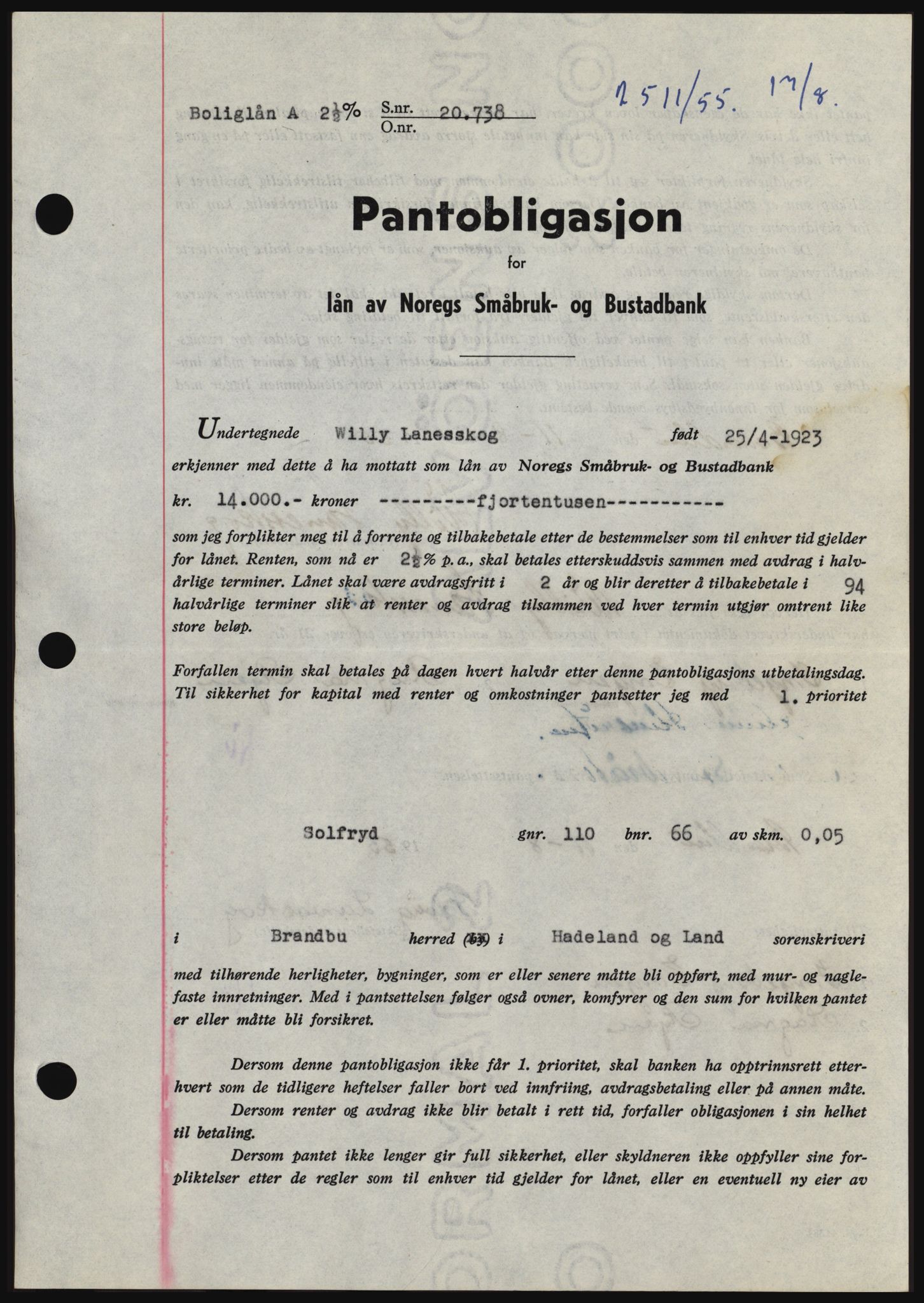 Hadeland og Land tingrett, SAH/TING-010/H/Hb/Hbc/L0032: Pantebok nr. B32, 1955-1955, Dagboknr: 2511/1955