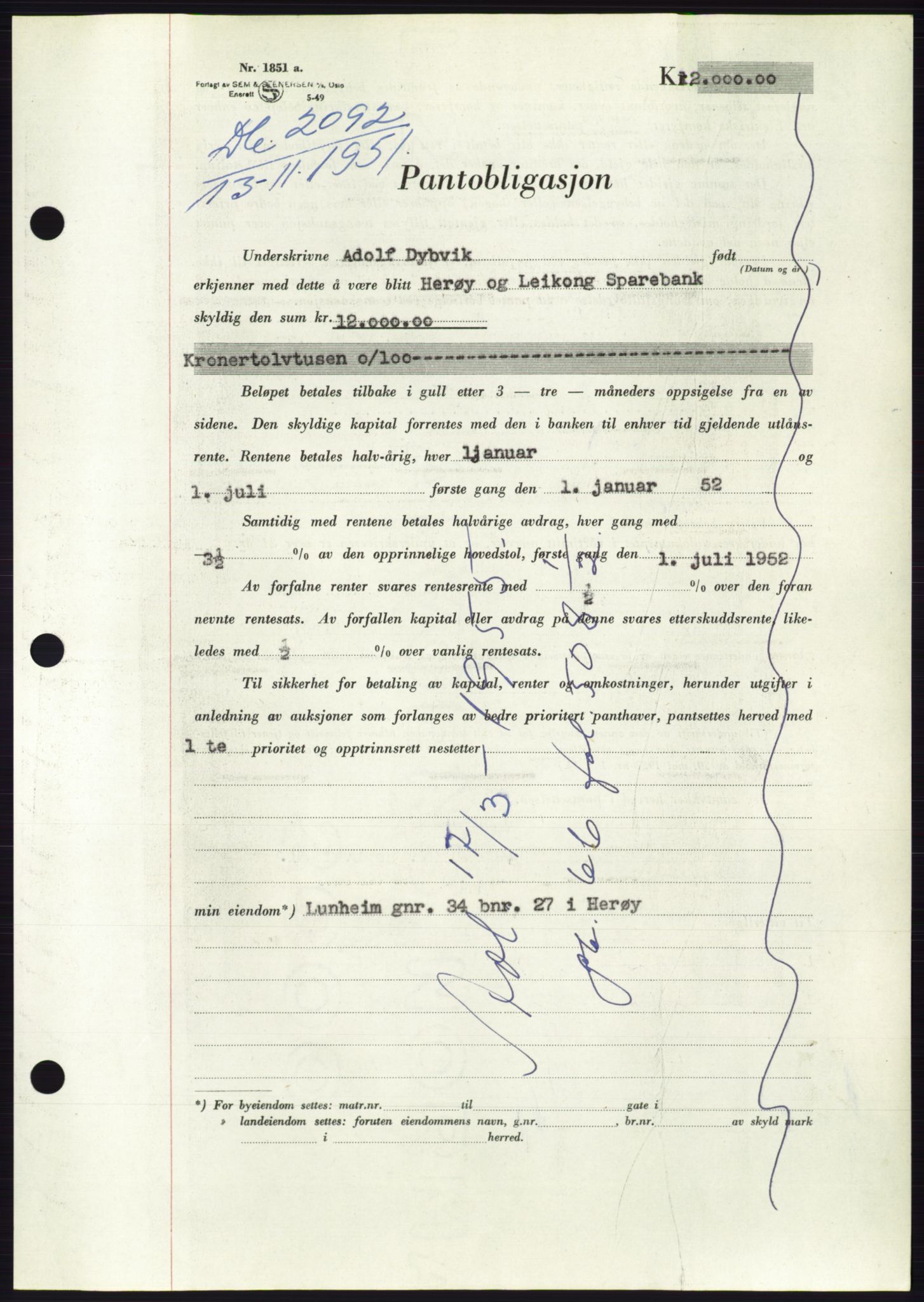 Søre Sunnmøre sorenskriveri, AV/SAT-A-4122/1/2/2C/L0120: Pantebok nr. 8B, 1951-1951, Dagboknr: 2092/1951