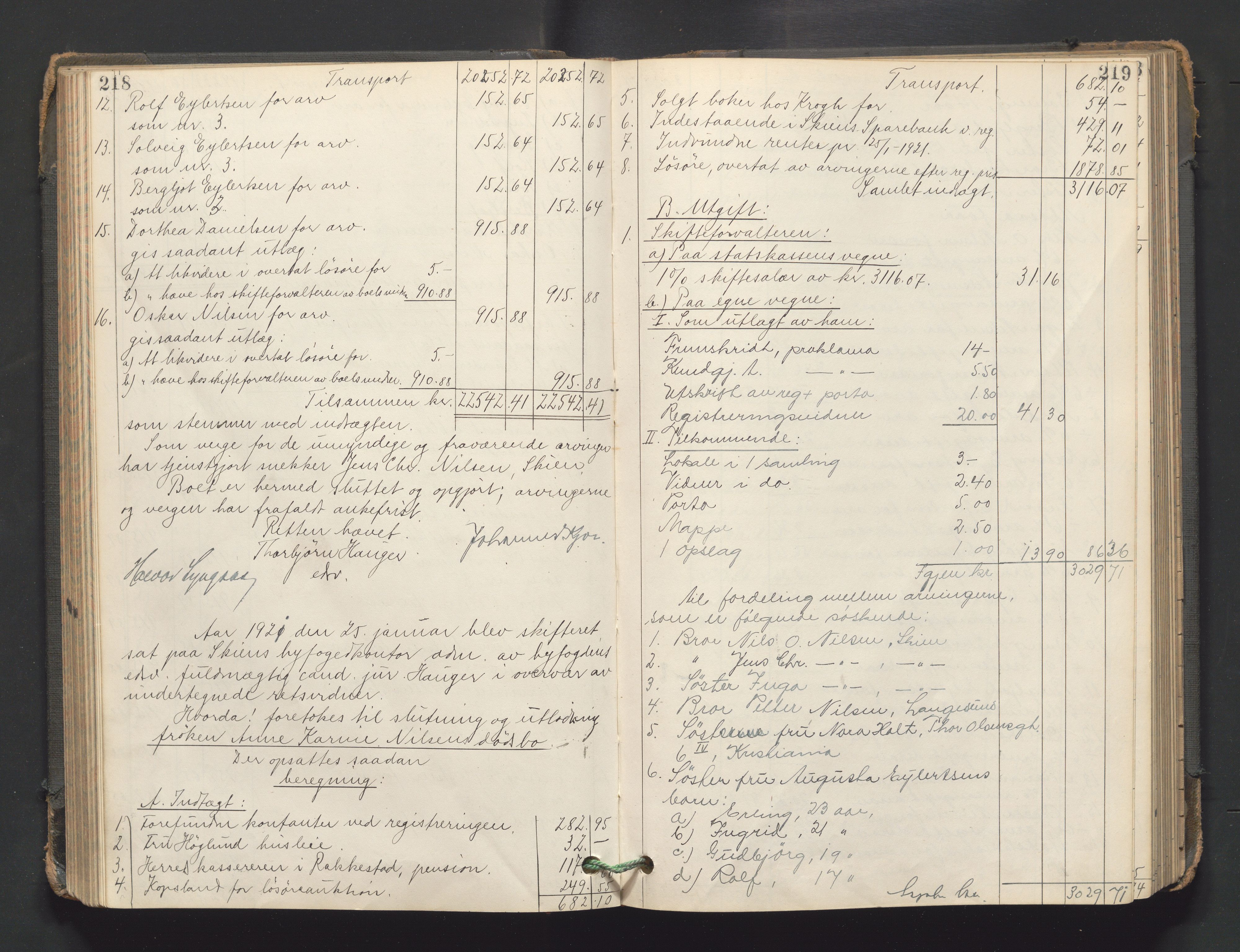 Skien byfogd, AV/SAKO-A-219/H/He/L0004: Skifteutlodningsprotokoll, 1915-1925, s. 218-219