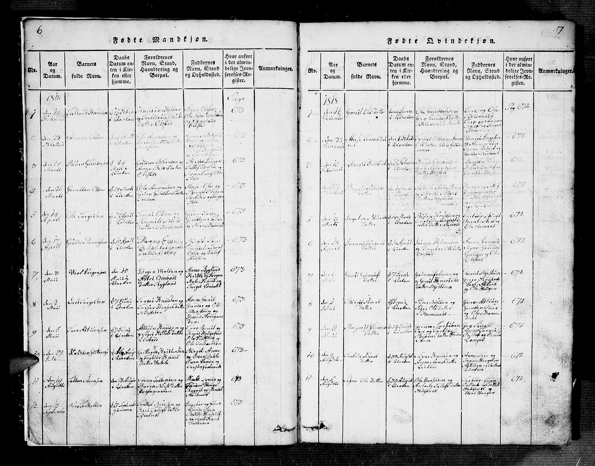 Bygland sokneprestkontor, AV/SAK-1111-0006/F/Fb/Fbb/L0001: Klokkerbok nr. B 1, 1816-1843, s. 6-7