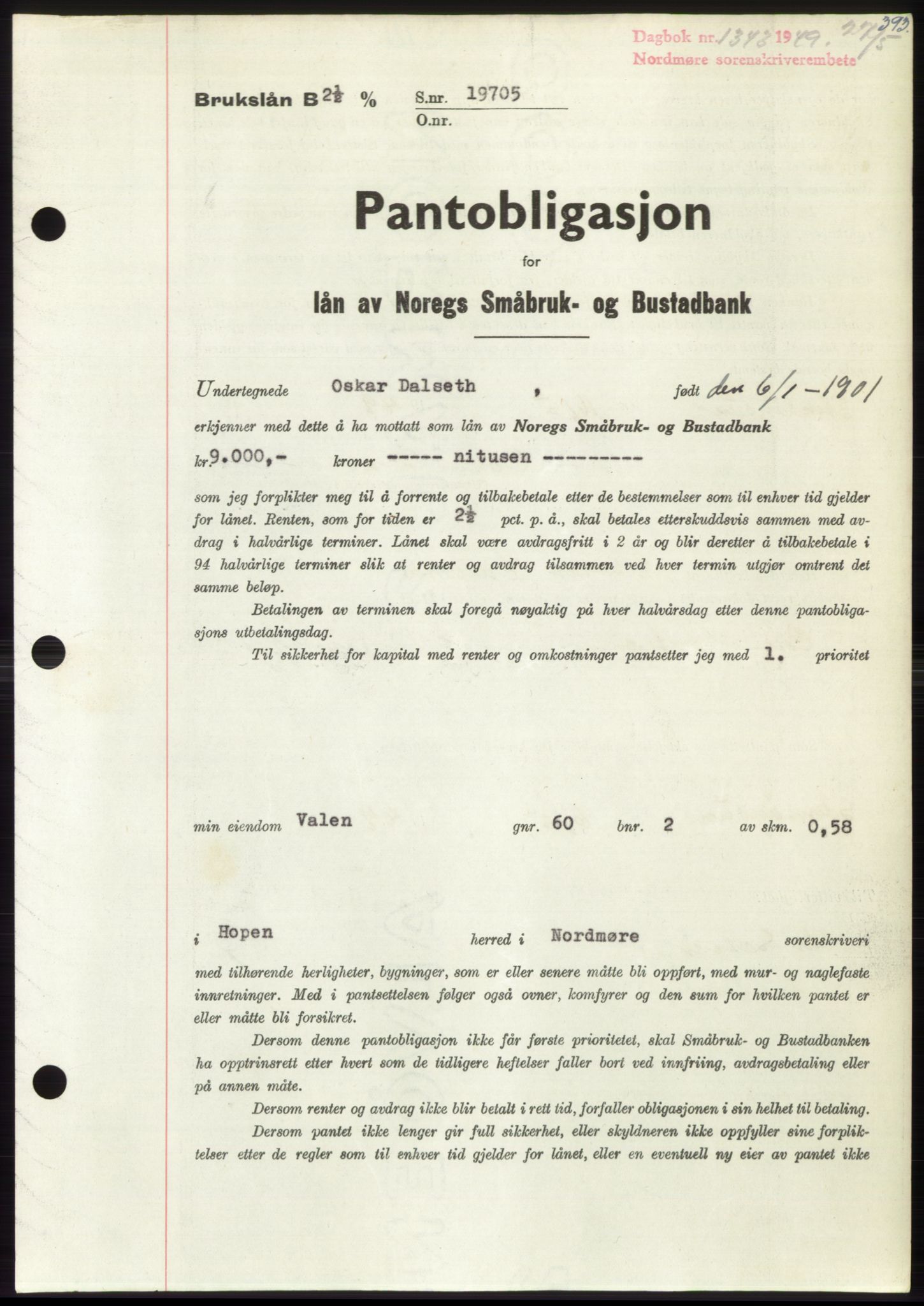 Nordmøre sorenskriveri, SAT/A-4132/1/2/2Ca: Pantebok nr. B101, 1949-1949, Dagboknr: 1343/1949