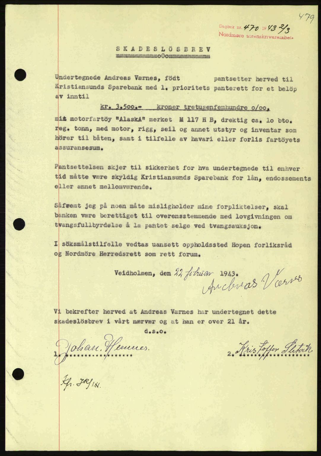 Nordmøre sorenskriveri, SAT/A-4132/1/2/2Ca: Pantebok nr. B90, 1942-1943, Dagboknr: 470/1943