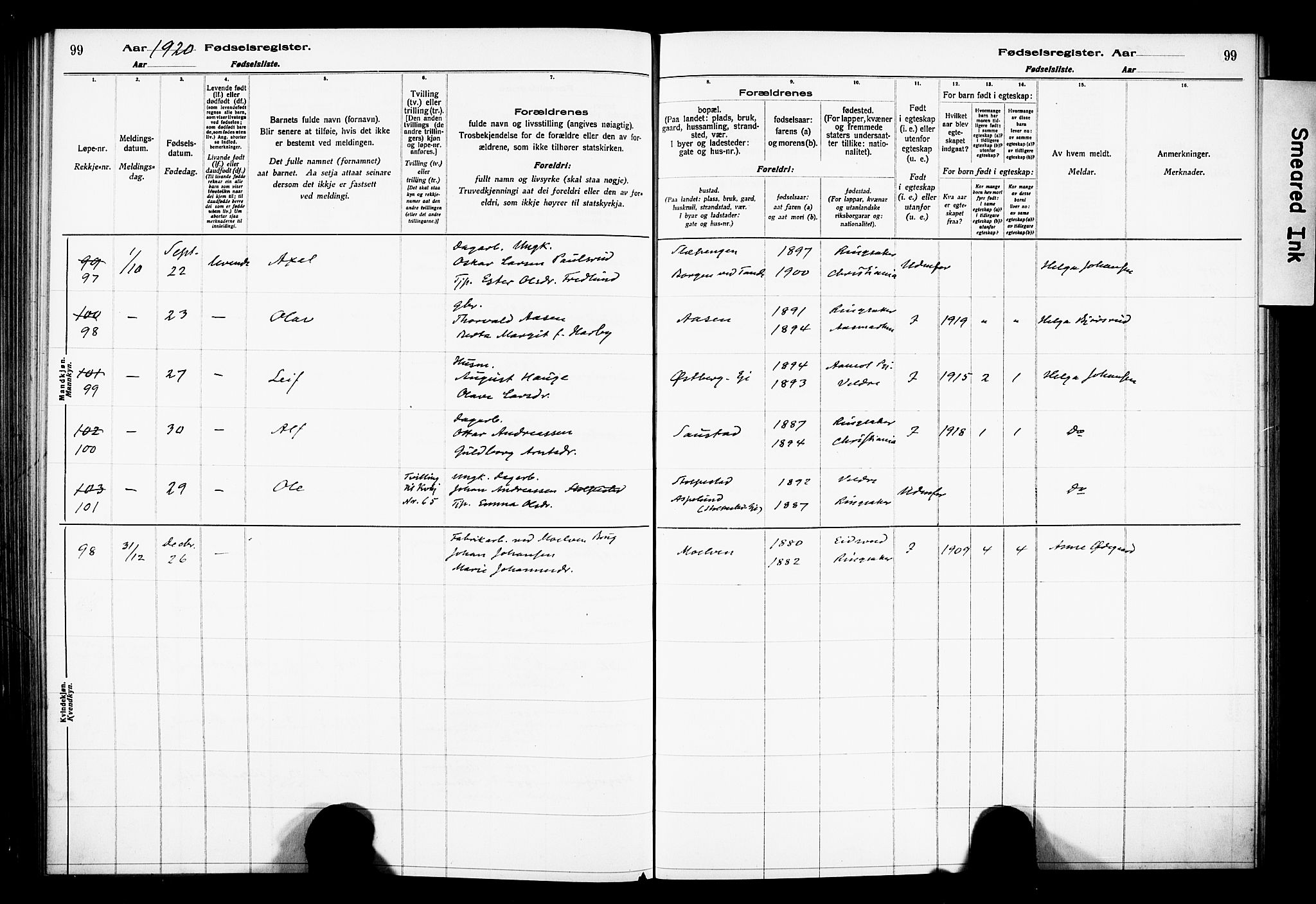 Ringsaker prestekontor, AV/SAH-PREST-014/O/Oa/L0001: Fødselsregister nr. 1, 1916-1925, s. 99