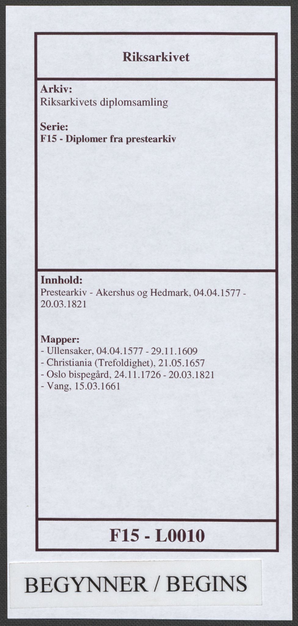 Riksarkivets diplomsamling, RA/EA-5965/F15/L0010: Prestearkiv - Akershus og Hedmark, 1577-1821, s. 1