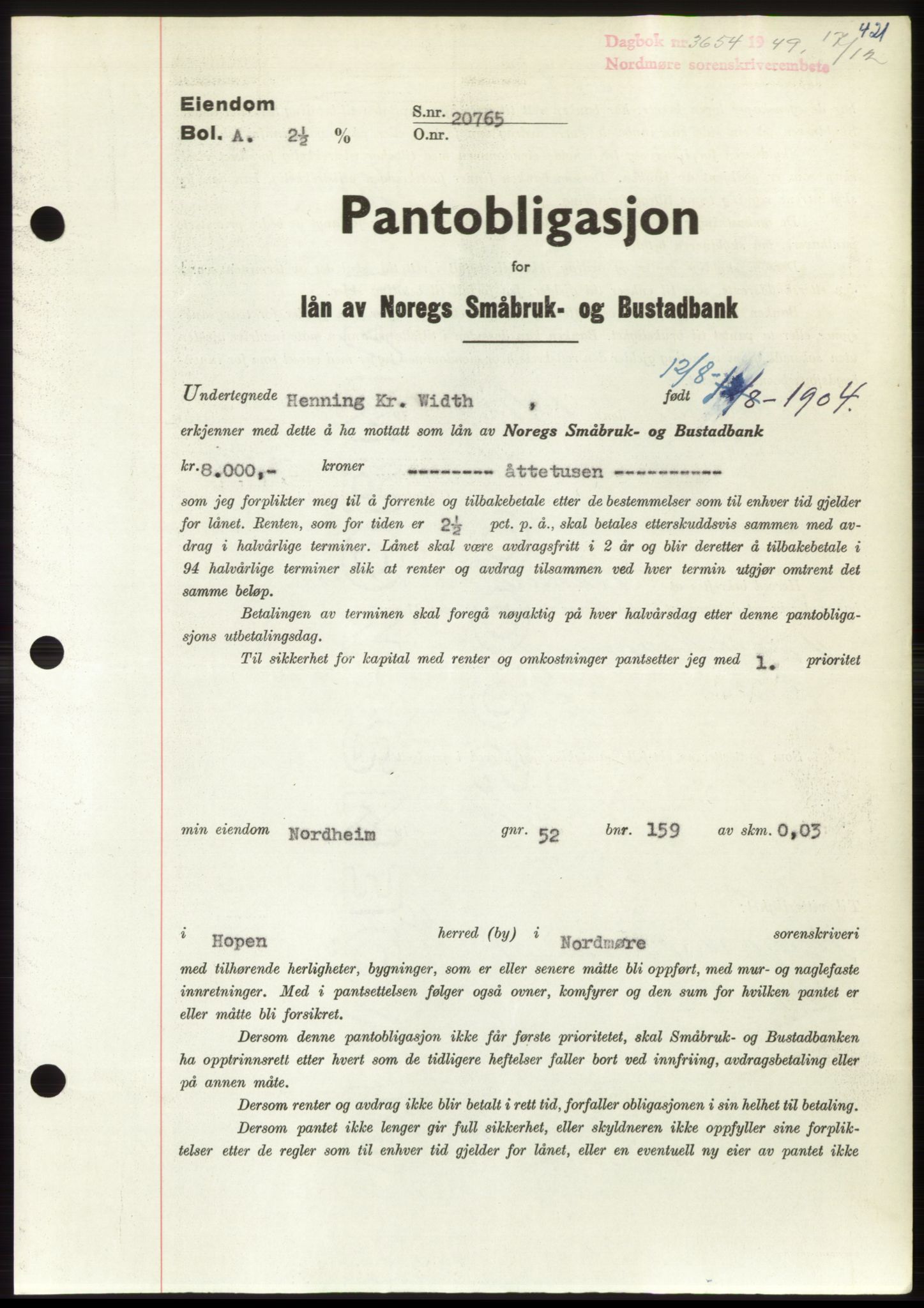 Nordmøre sorenskriveri, SAT/A-4132/1/2/2Ca: Pantebok nr. B103, 1949-1950, Dagboknr: 3654/1949