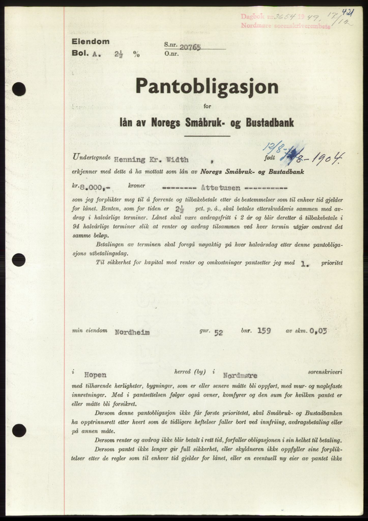 Nordmøre sorenskriveri, AV/SAT-A-4132/1/2/2Ca: Pantebok nr. B103, 1949-1950, Dagboknr: 3654/1949