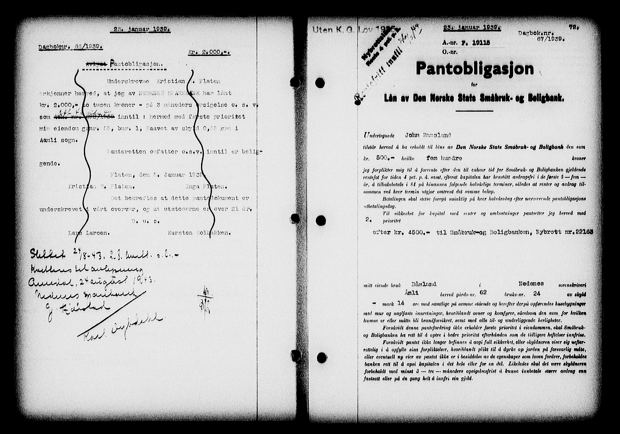 Nedenes sorenskriveri, AV/SAK-1221-0006/G/Gb/Gba/L0046: Pantebok nr. 42, 1938-1939, Dagboknr: 67/1939