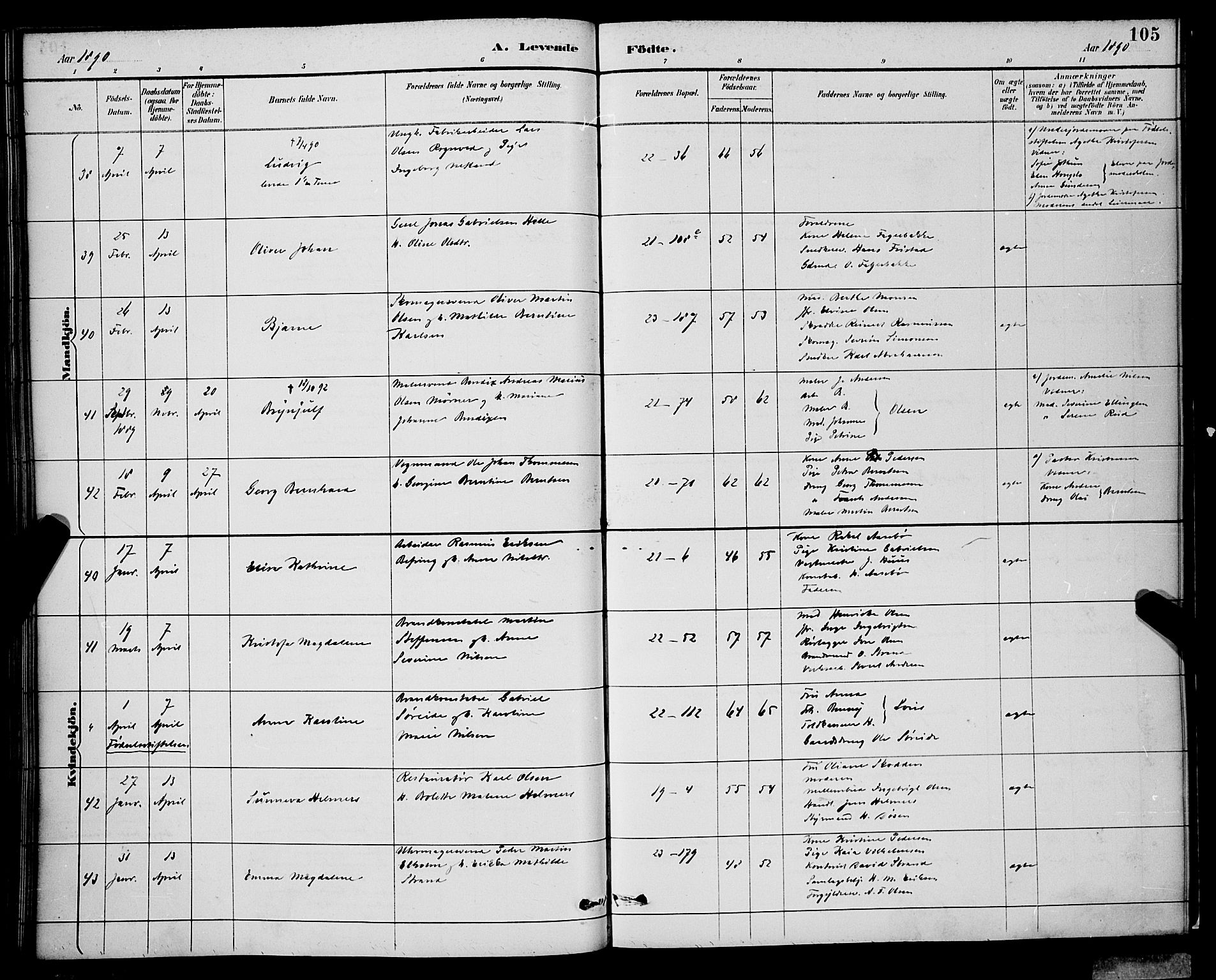 Korskirken sokneprestembete, AV/SAB-A-76101/H/Hab: Klokkerbok nr. B 9, 1887-1896, s. 105