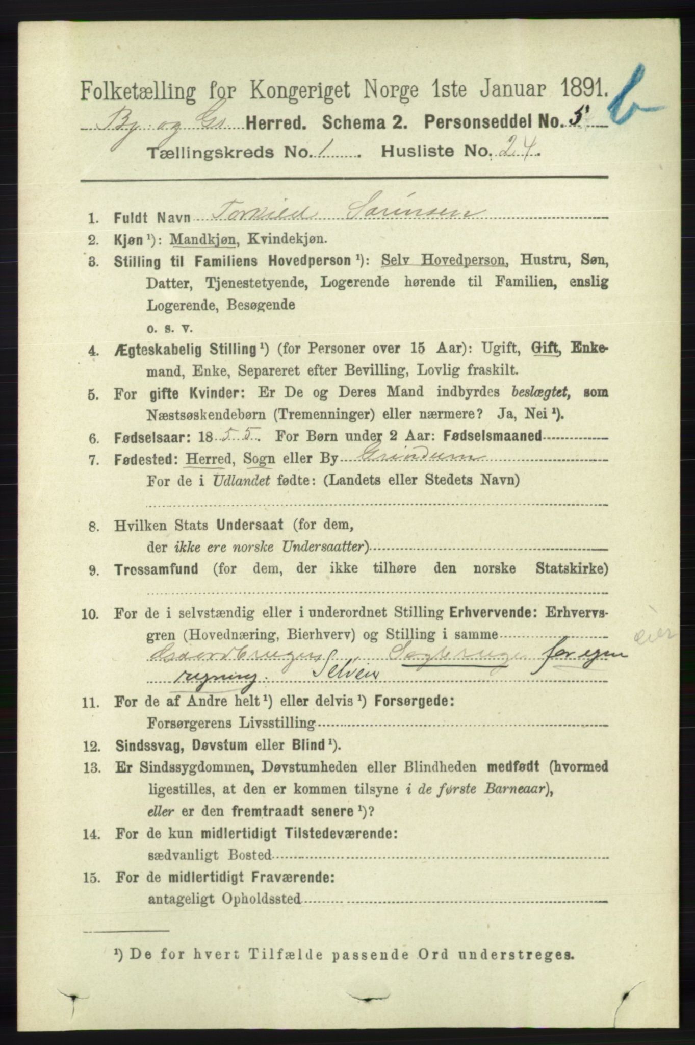 RA, Folketelling 1891 for 1024 Bjelland og Grindheim herred, 1891, s. 889