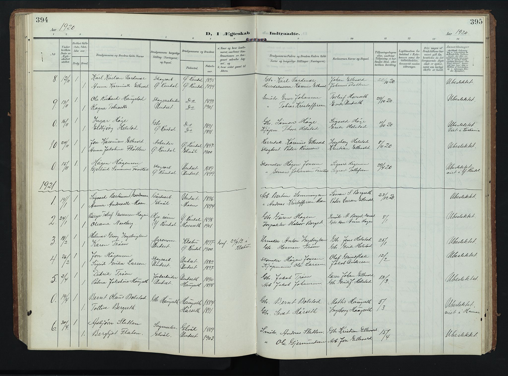 Rendalen prestekontor, AV/SAH-PREST-054/H/Ha/Hab/L0004: Klokkerbok nr. 4, 1904-1946, s. 394-395