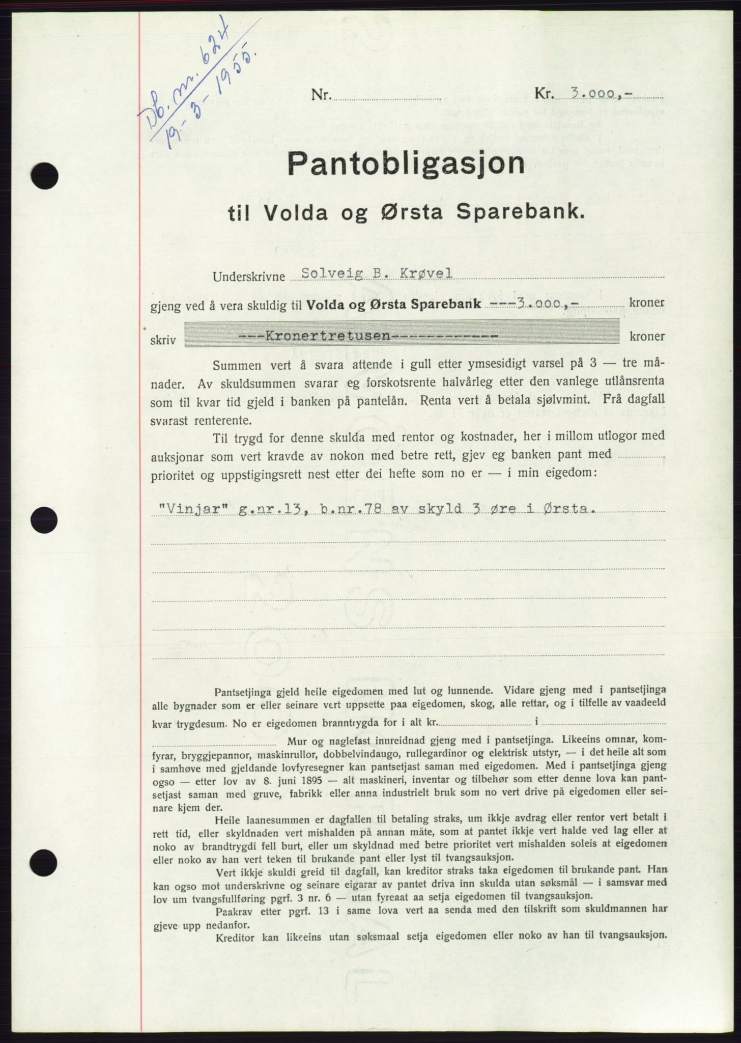 Søre Sunnmøre sorenskriveri, AV/SAT-A-4122/1/2/2C/L0126: Pantebok nr. 14B, 1954-1955, Dagboknr: 624/1955