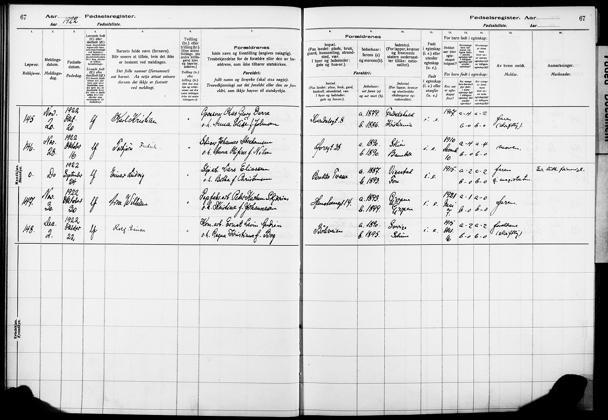 Skien kirkebøker, AV/SAKO-A-302/J/Ja/L0002: Fødselsregister nr. 2, 1921-1927, s. 67