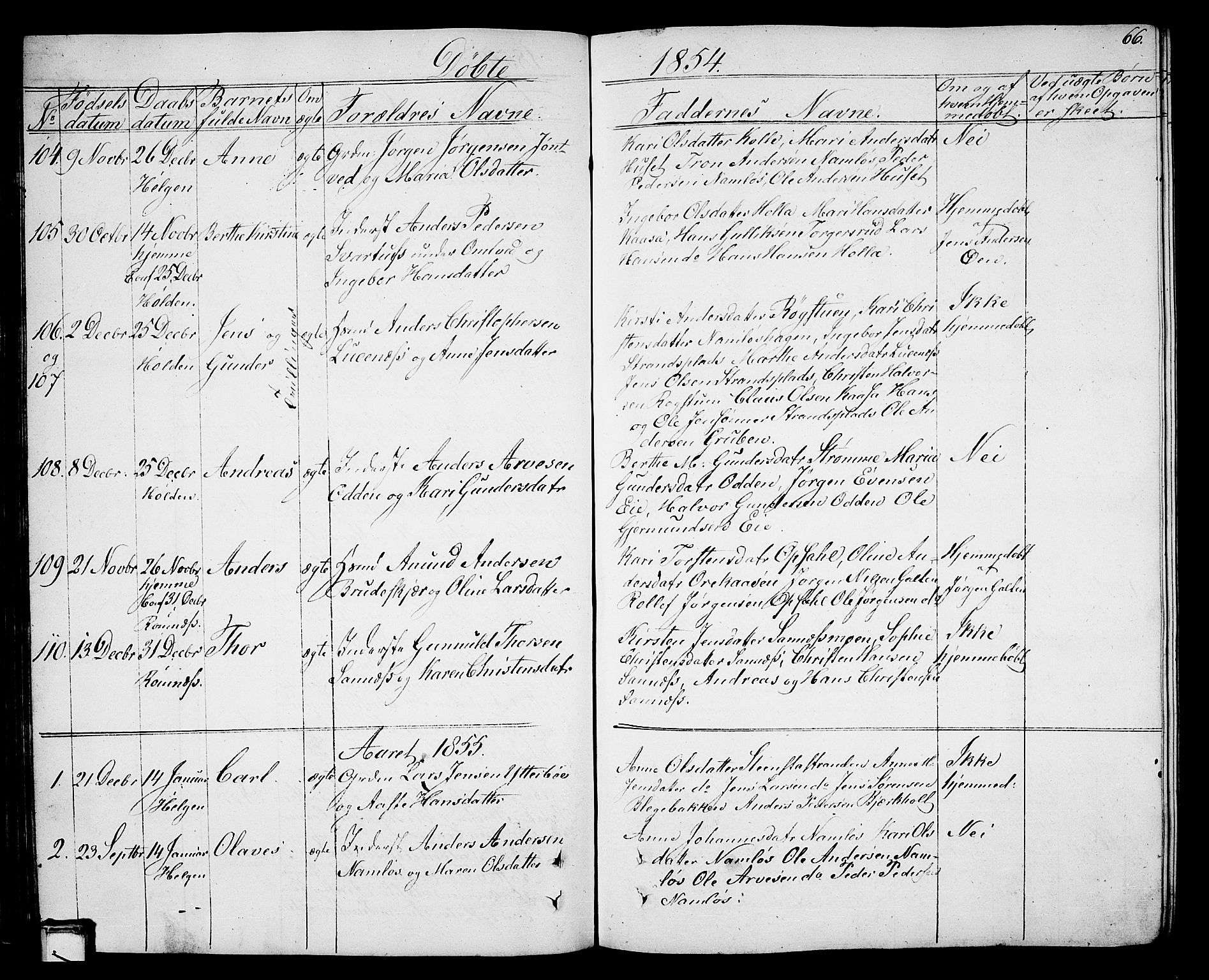 Holla kirkebøker, AV/SAKO-A-272/G/Ga/L0003: Klokkerbok nr. I 3, 1849-1866, s. 66