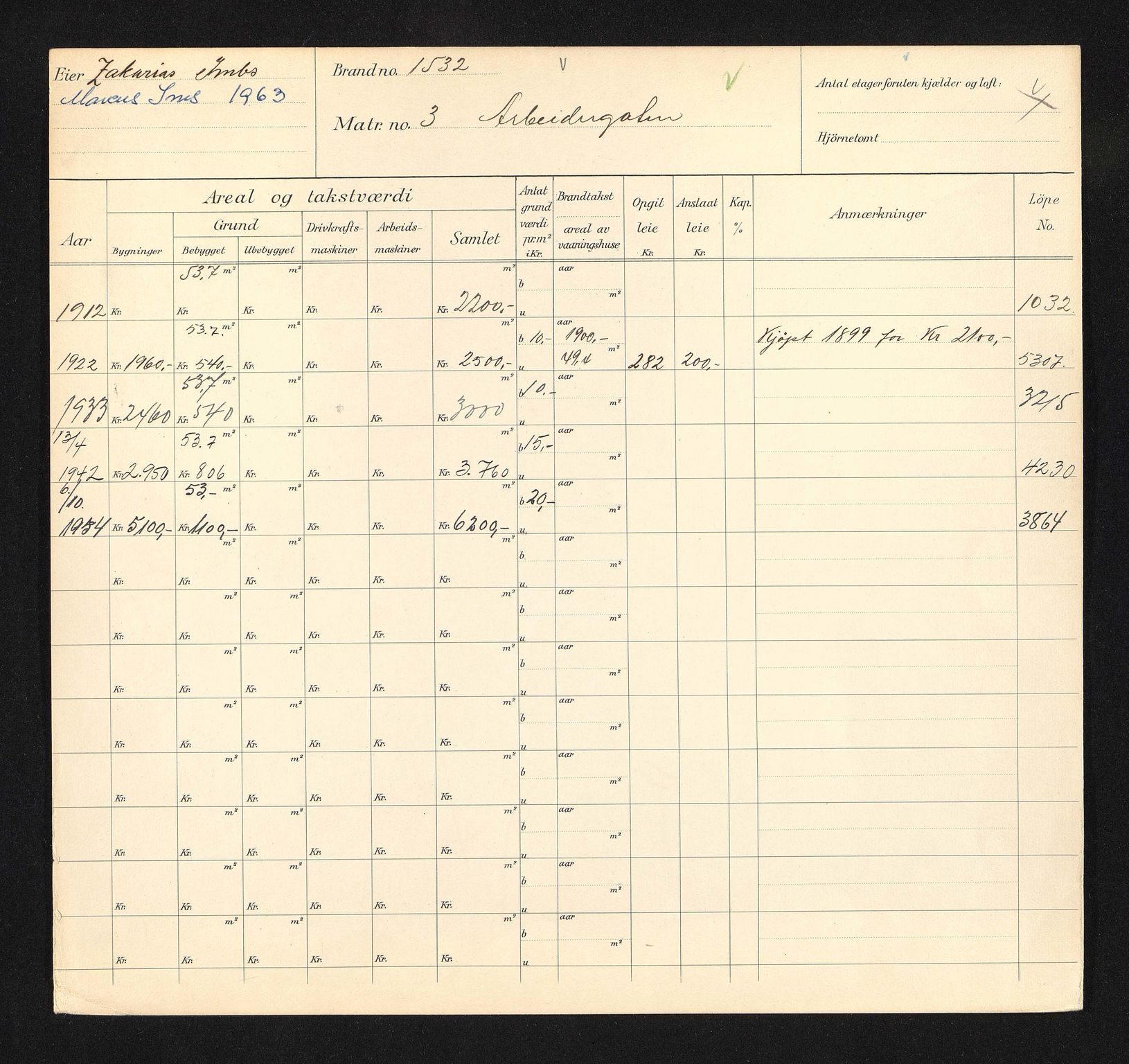 Stavanger kommune. Skattetakstvesenet, BYST/A-0440/F/Fa/Faa/L0002/0002: Skattetakstkort / Arbeidergata 1 - Armauer Hansens vei 25