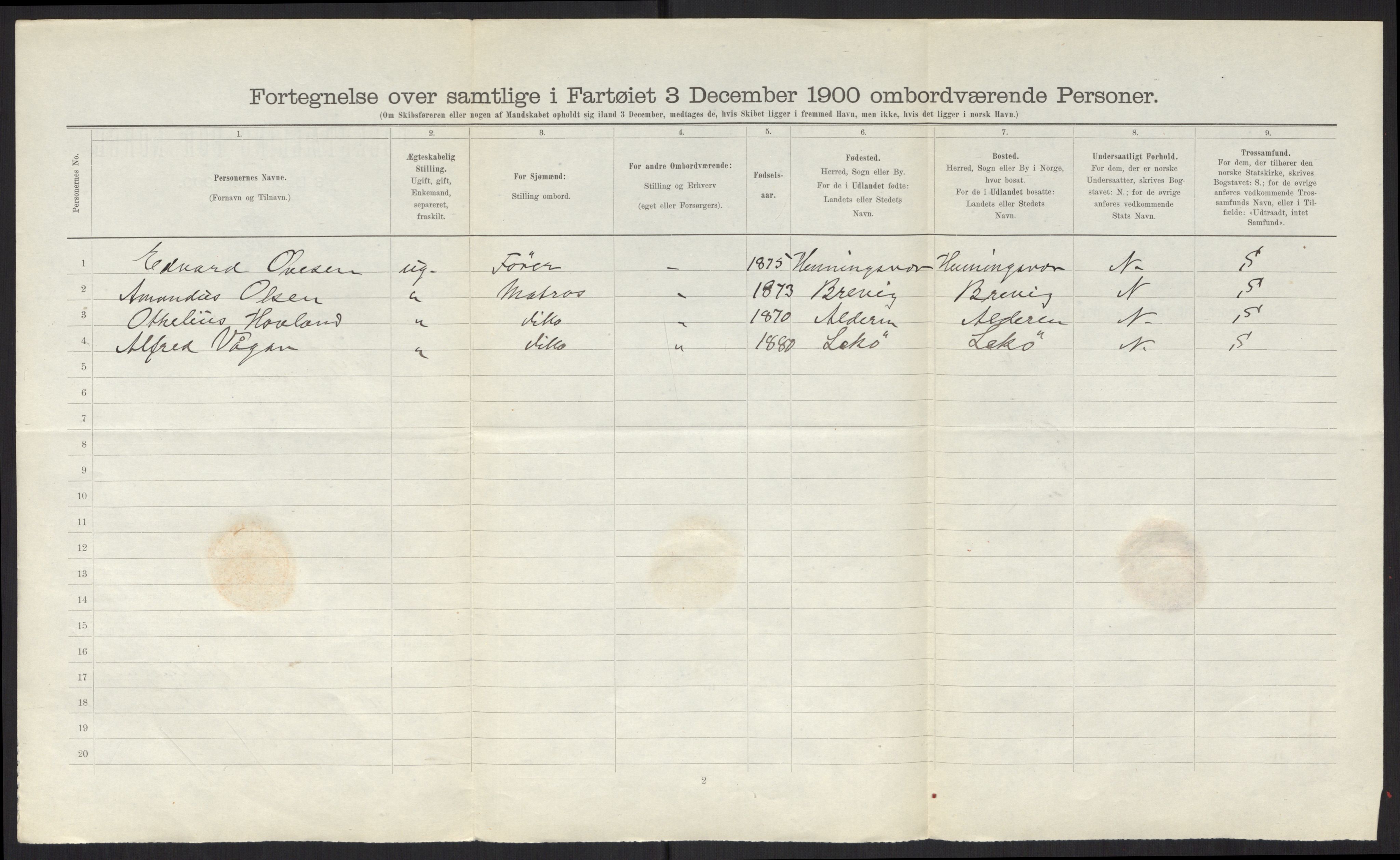 RA, Folketelling 1900 - skipslister med personlister for skip i norske havner, utenlandske havner og til havs, 1900, s. 2618