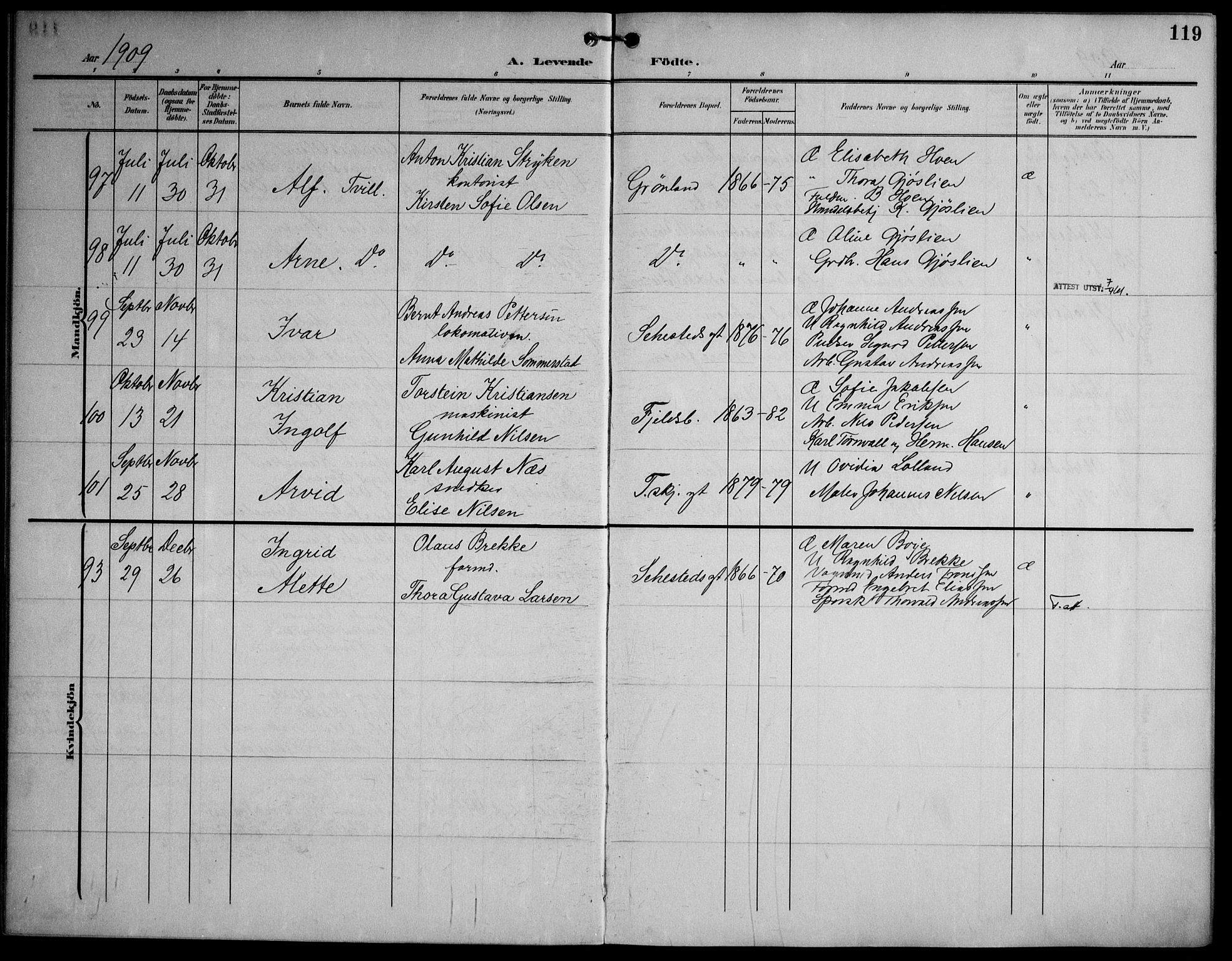 Strømsø kirkebøker, AV/SAKO-A-246/F/Fa/L0026: Ministerialbok nr. I 26, 1905-1914, s. 119
