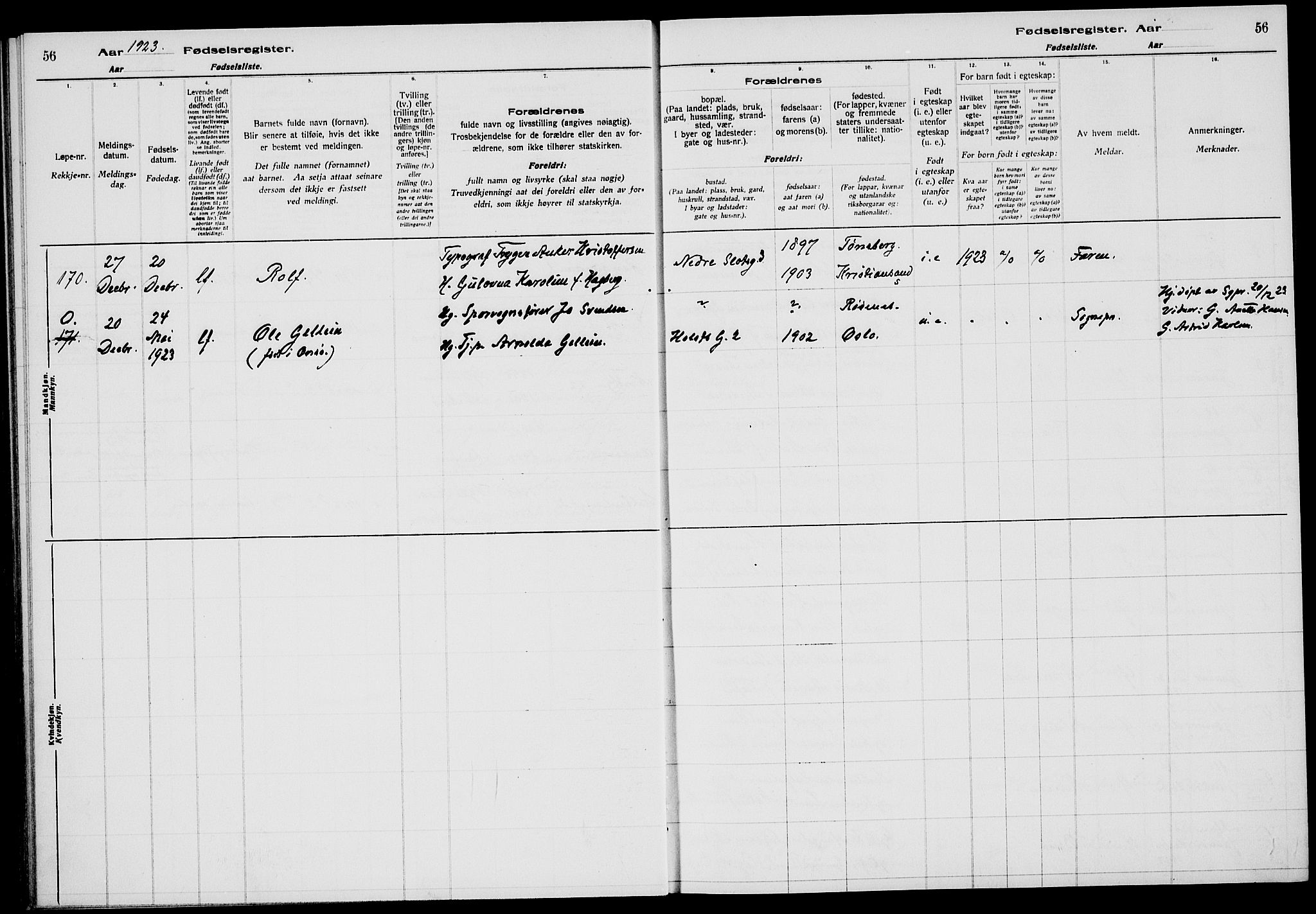 Tønsberg kirkebøker, AV/SAKO-A-330/J/Ja/L0002: Fødselsregister nr. 2, 1922-1928, s. 56