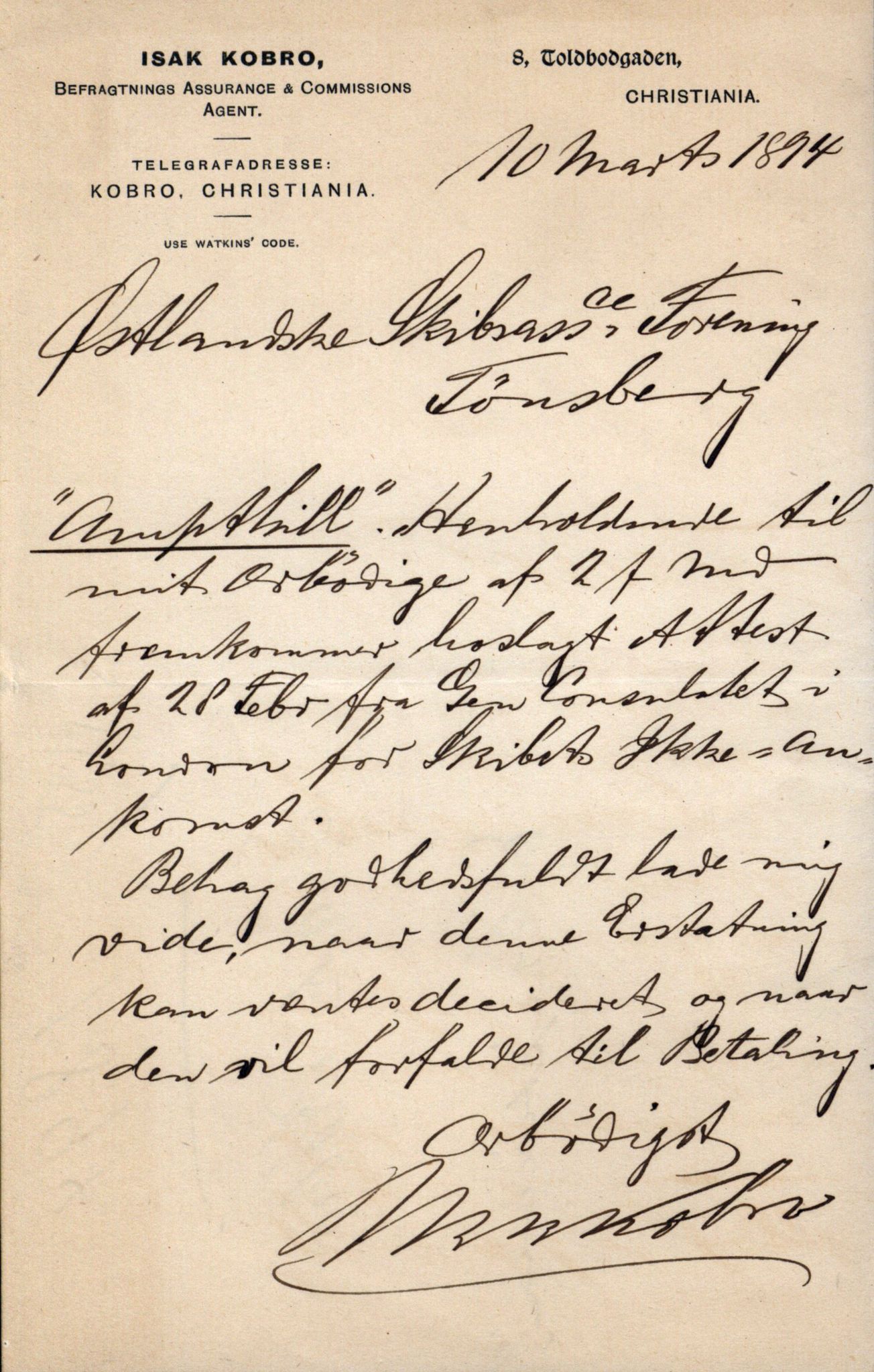 Pa 63 - Østlandske skibsassuranceforening, VEMU/A-1079/G/Ga/L0029/0008: Havaridokumenter / Broderfolket, Amthill, Argo, Axel, 1893, s. 8