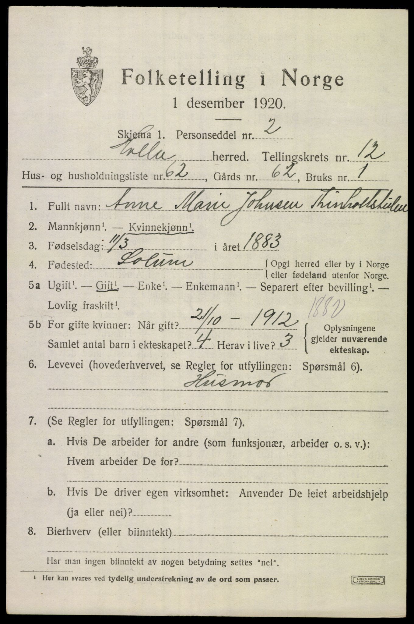 SAKO, Folketelling 1920 for 0819 Holla herred, 1920, s. 7929