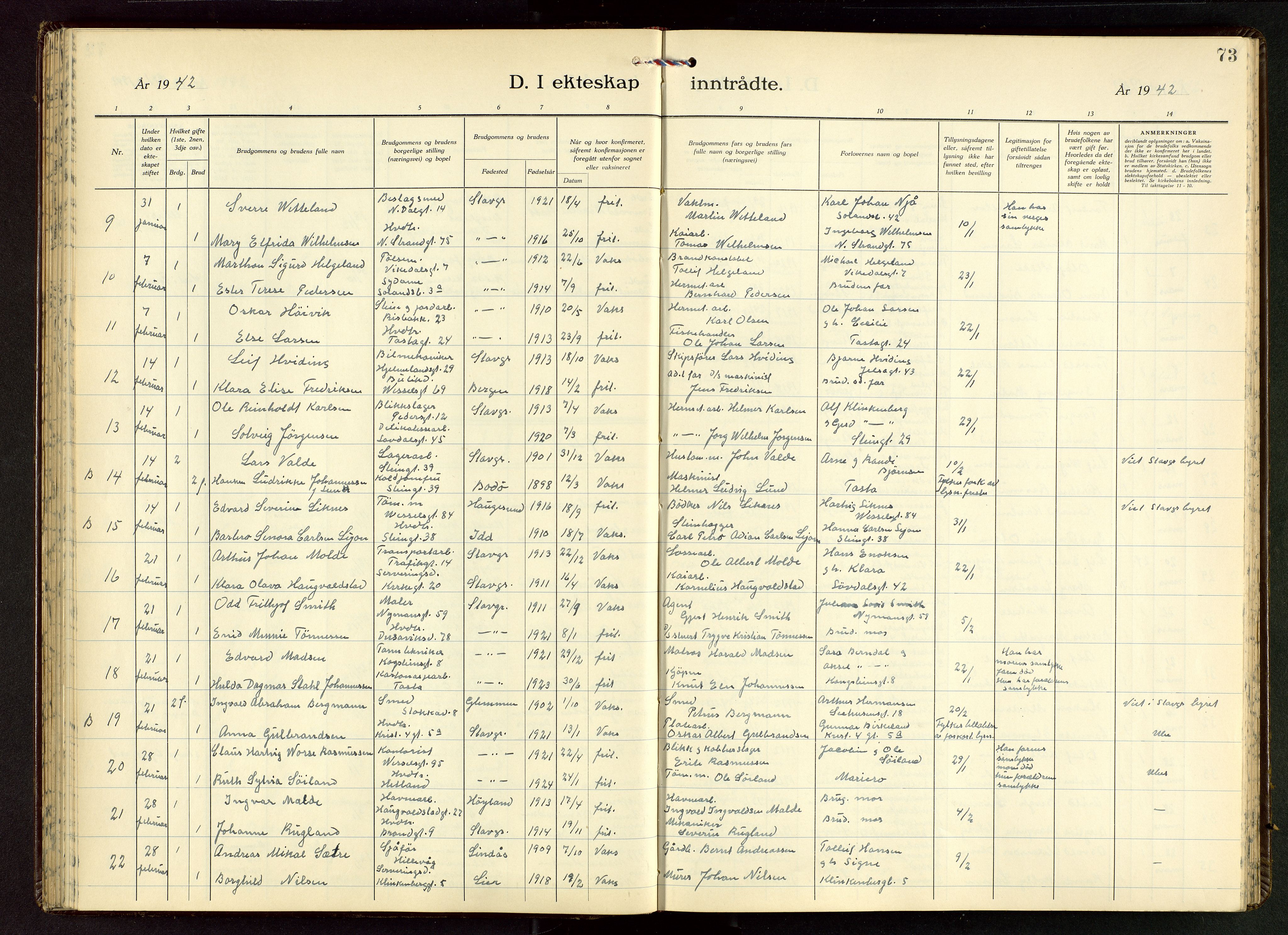 Domkirken sokneprestkontor, AV/SAST-A-101812/001/30/30BB/L0022: Klokkerbok nr. B 22, 1937-1949, s. 73