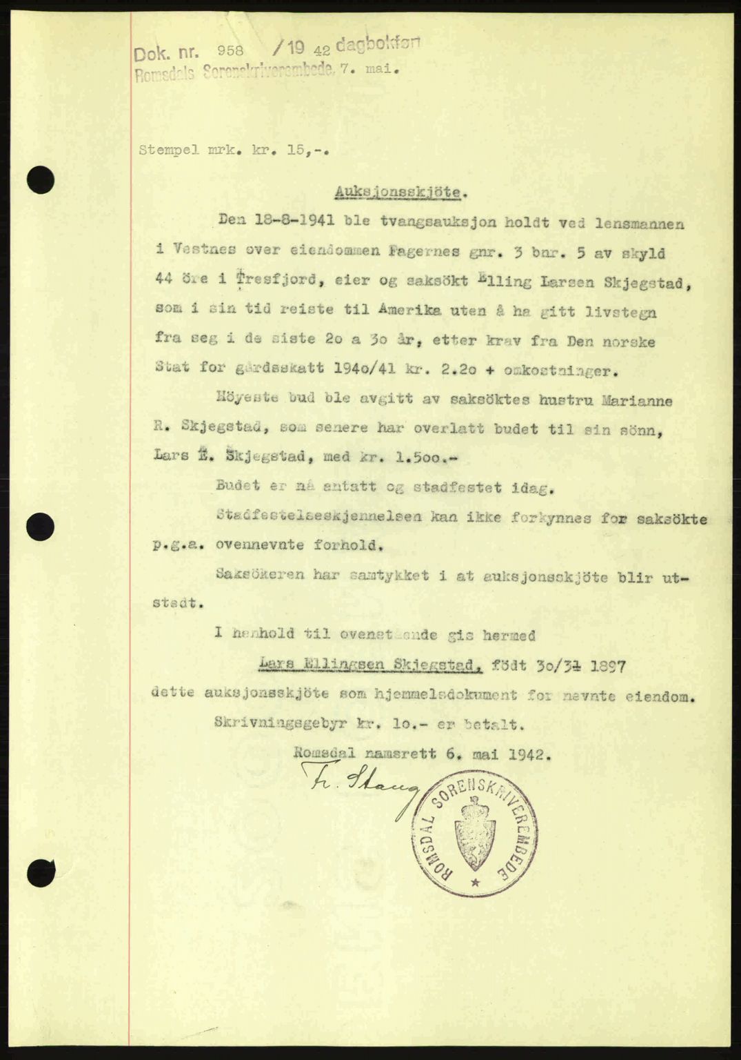 Romsdal sorenskriveri, SAT/A-4149/1/2/2C: Pantebok nr. A12, 1942-1942, Dagboknr: 958/1942