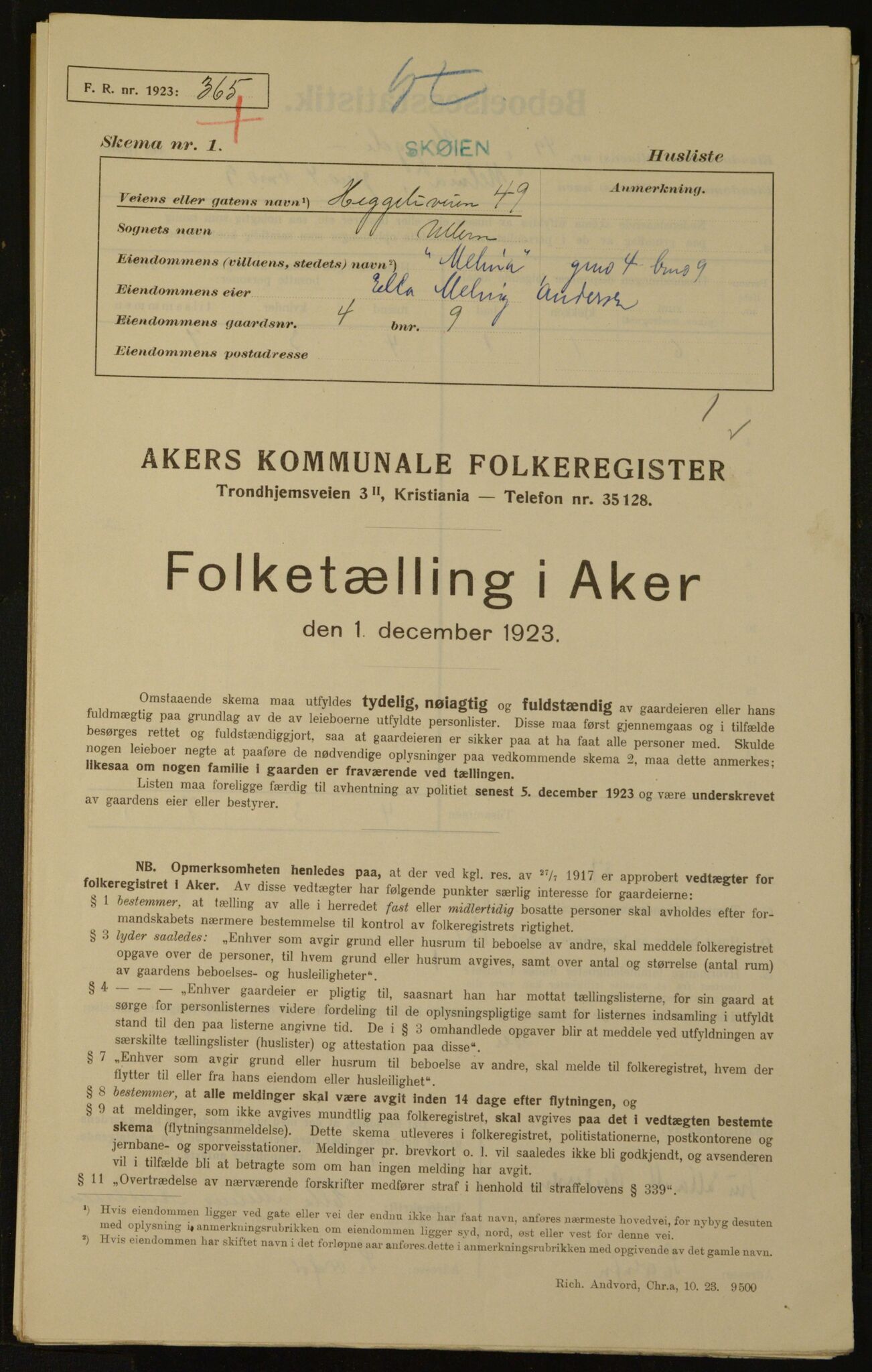 , Kommunal folketelling 1.12.1923 for Aker, 1923, s. 2316