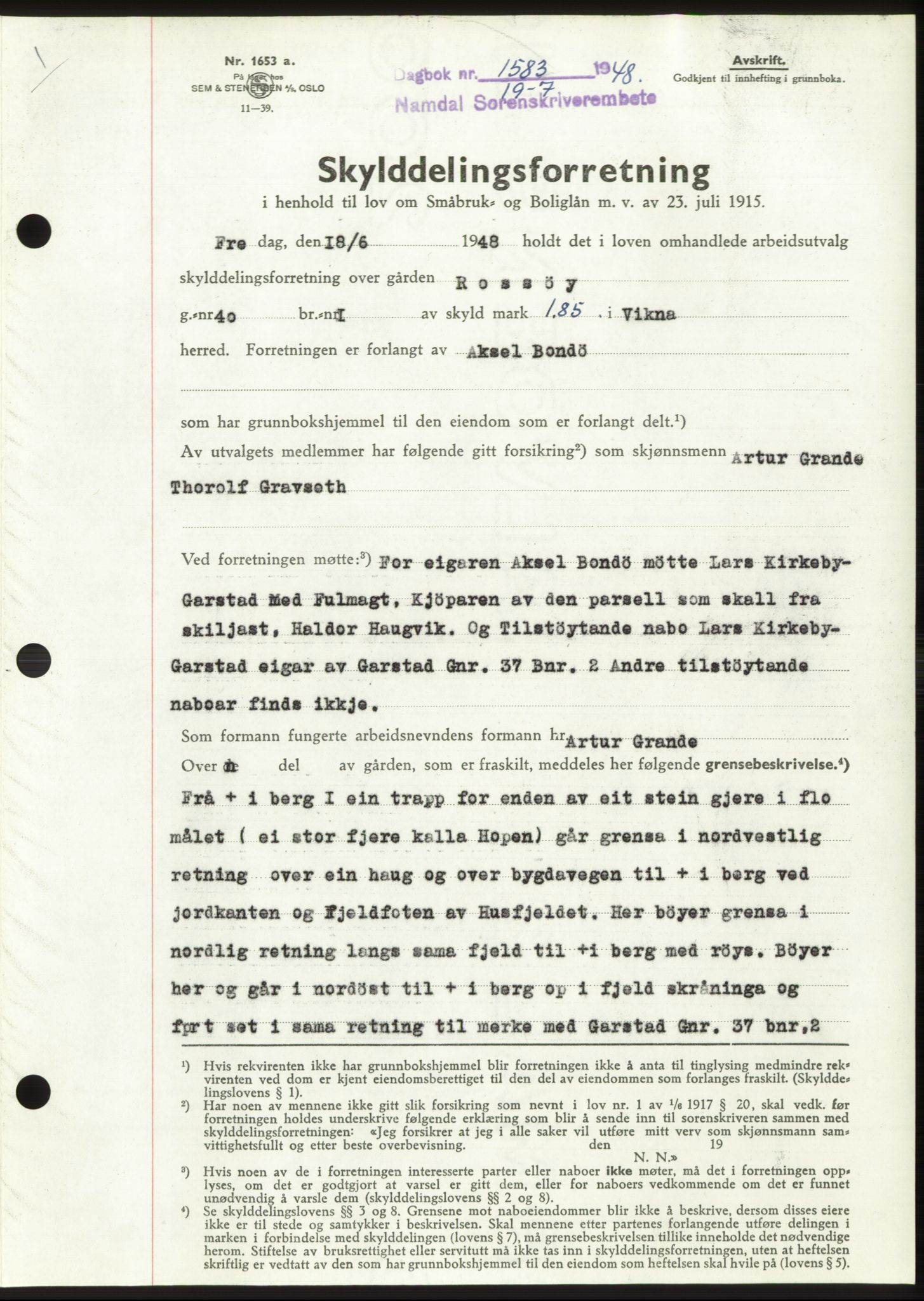 Namdal sorenskriveri, SAT/A-4133/1/2/2C: Pantebok nr. -, 1948-1948, Dagboknr: 1583/1948