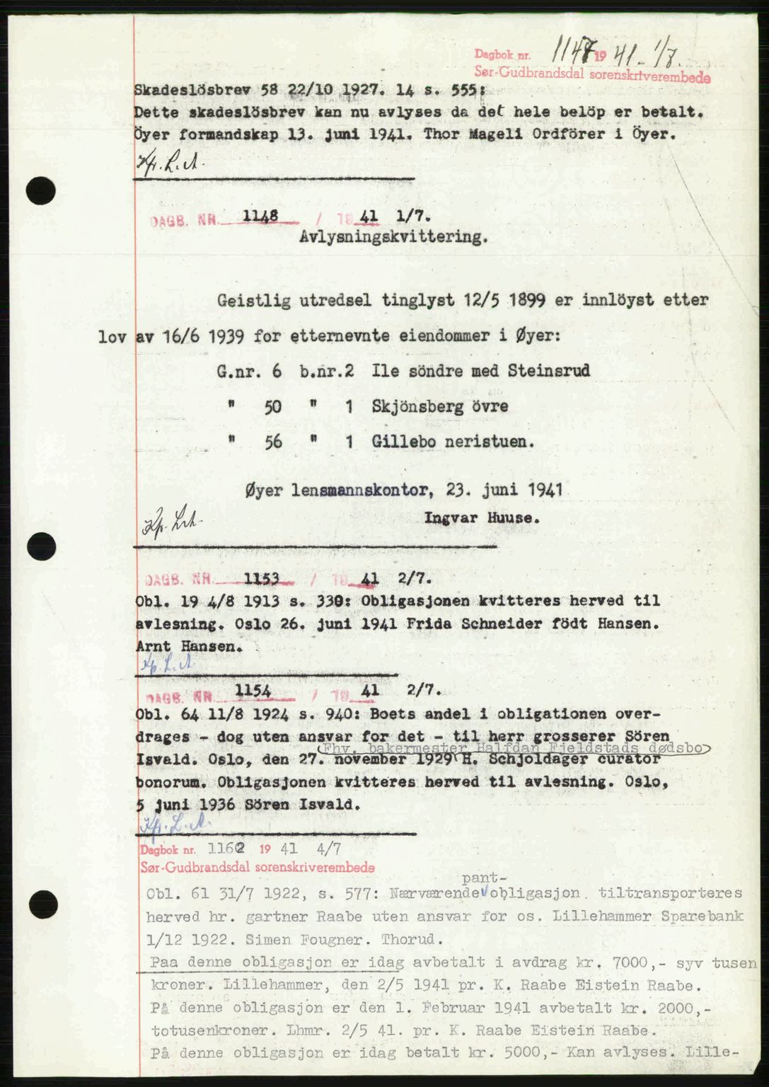 Sør-Gudbrandsdal tingrett, SAH/TING-004/H/Hb/Hbf/L0002: Pantebok nr. C1, 1938-1951, Dagboknr: 1147/1941