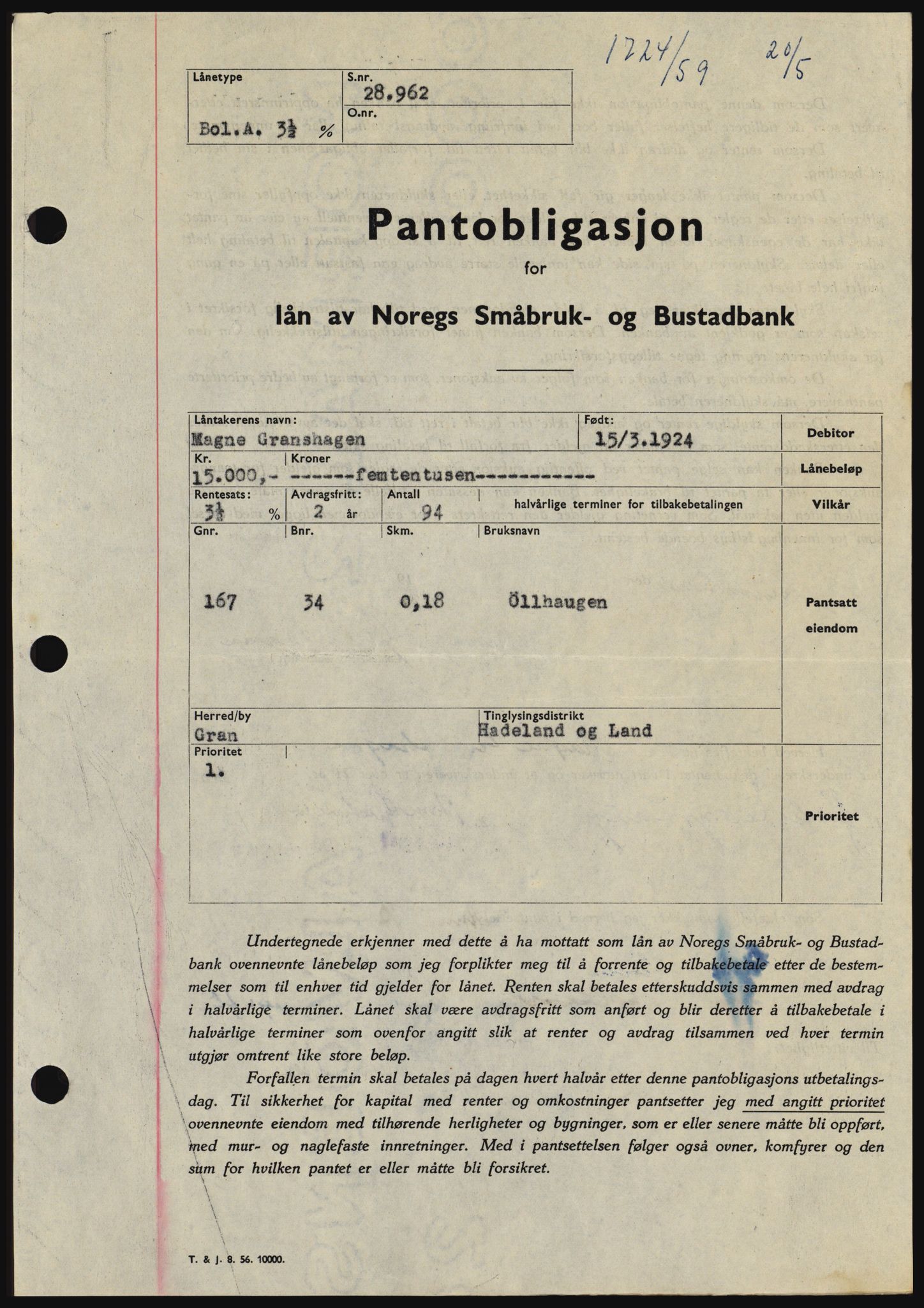 Hadeland og Land tingrett, SAH/TING-010/H/Hb/Hbc/L0040: Pantebok nr. B40, 1959-1959, Dagboknr: 1724/1959