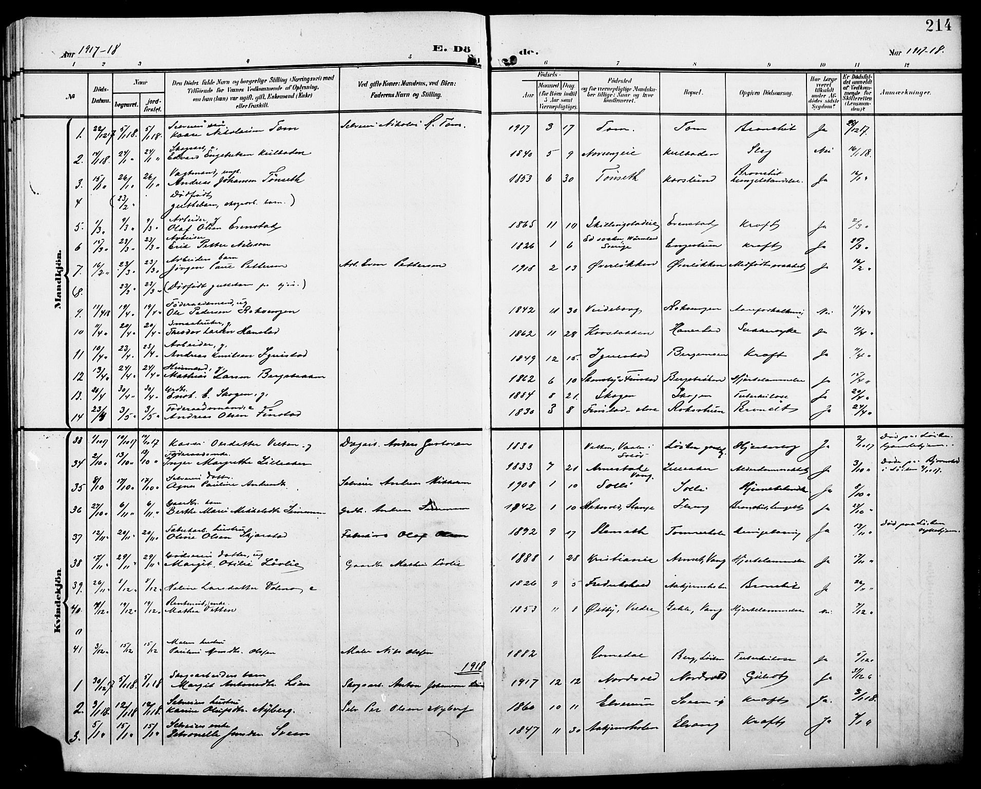 Løten prestekontor, AV/SAH-PREST-022/L/La/L0007: Klokkerbok nr. 7, 1910-1919, s. 214