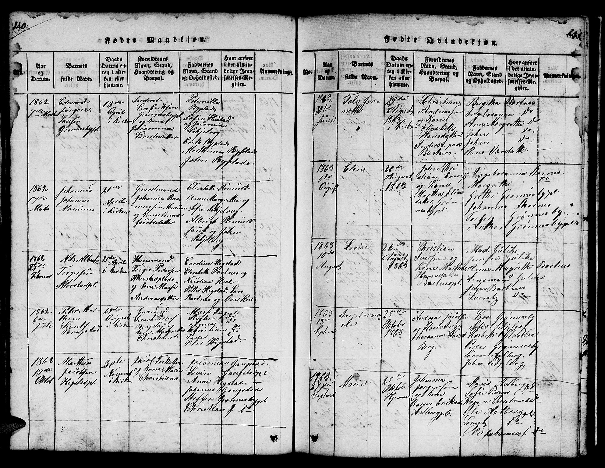 Ministerialprotokoller, klokkerbøker og fødselsregistre - Nord-Trøndelag, AV/SAT-A-1458/732/L0317: Klokkerbok nr. 732C01, 1816-1881, s. 140-141