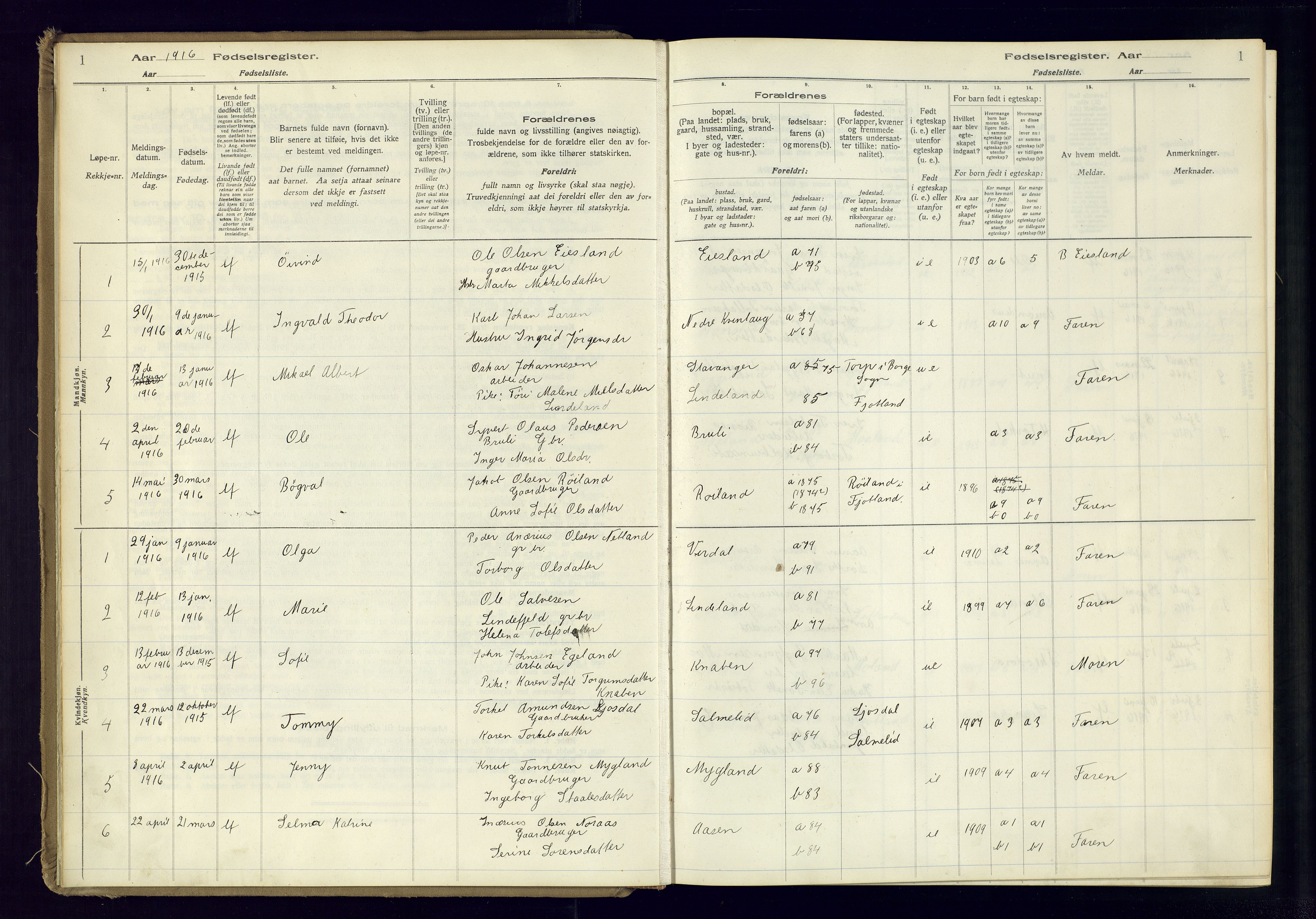 Fjotland sokneprestkontor, AV/SAK-1111-0010/J/Ja/L0001: Fødselsregister nr. 1, 1916-1981, s. 1