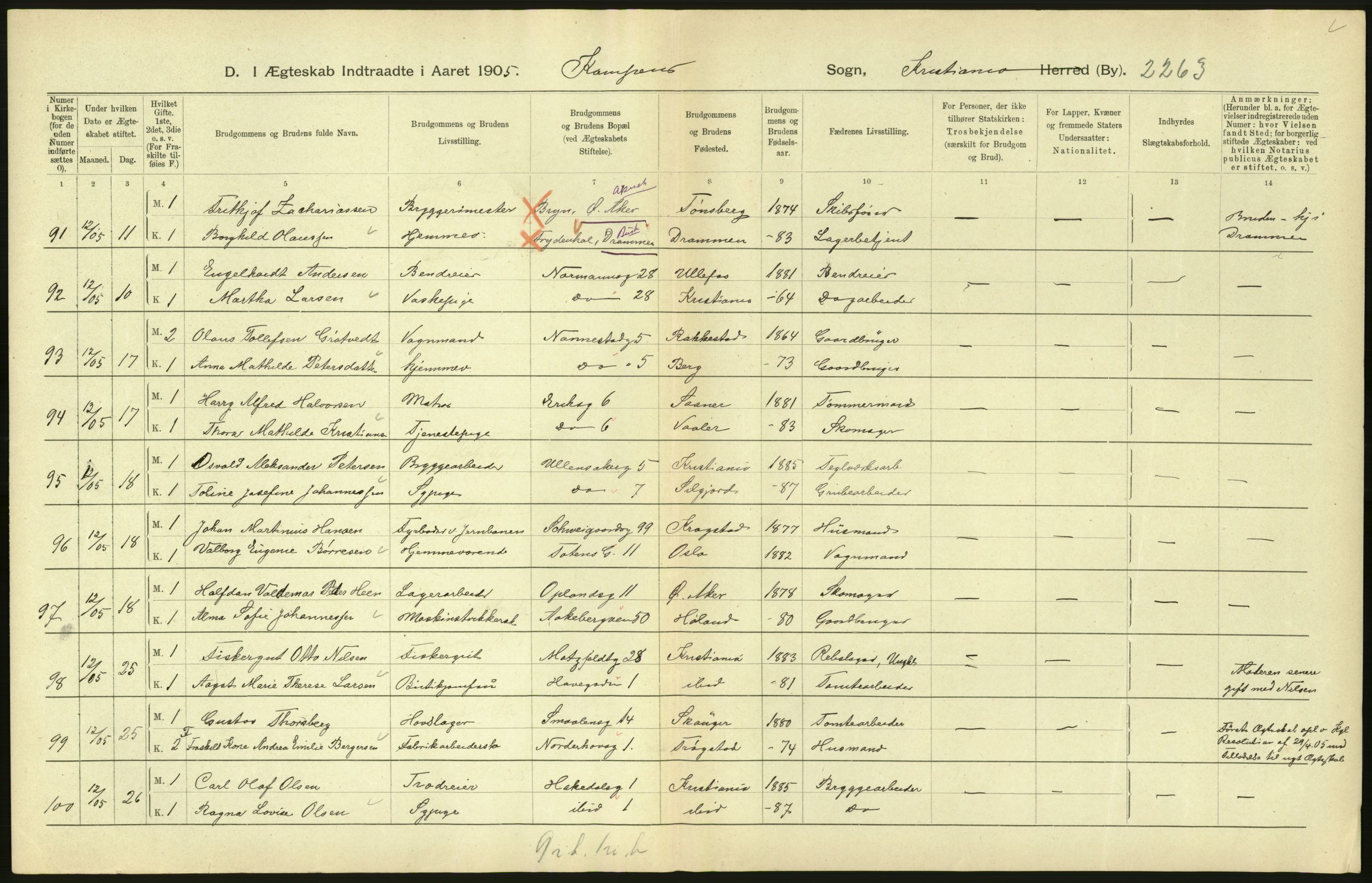 Statistisk sentralbyrå, Sosiodemografiske emner, Befolkning, AV/RA-S-2228/D/Df/Dfa/Dfac/L0007b: Kristiania: Gifte, 1905, s. 162