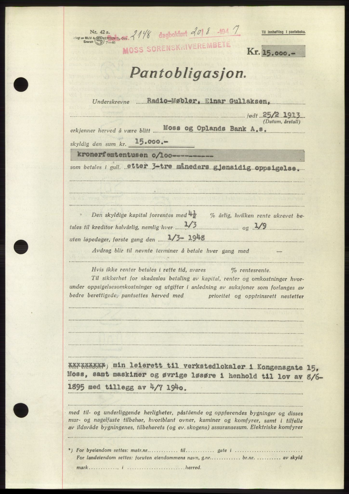 Moss sorenskriveri, SAO/A-10168: Pantebok nr. B17, 1947-1947, Dagboknr: 2148/1947