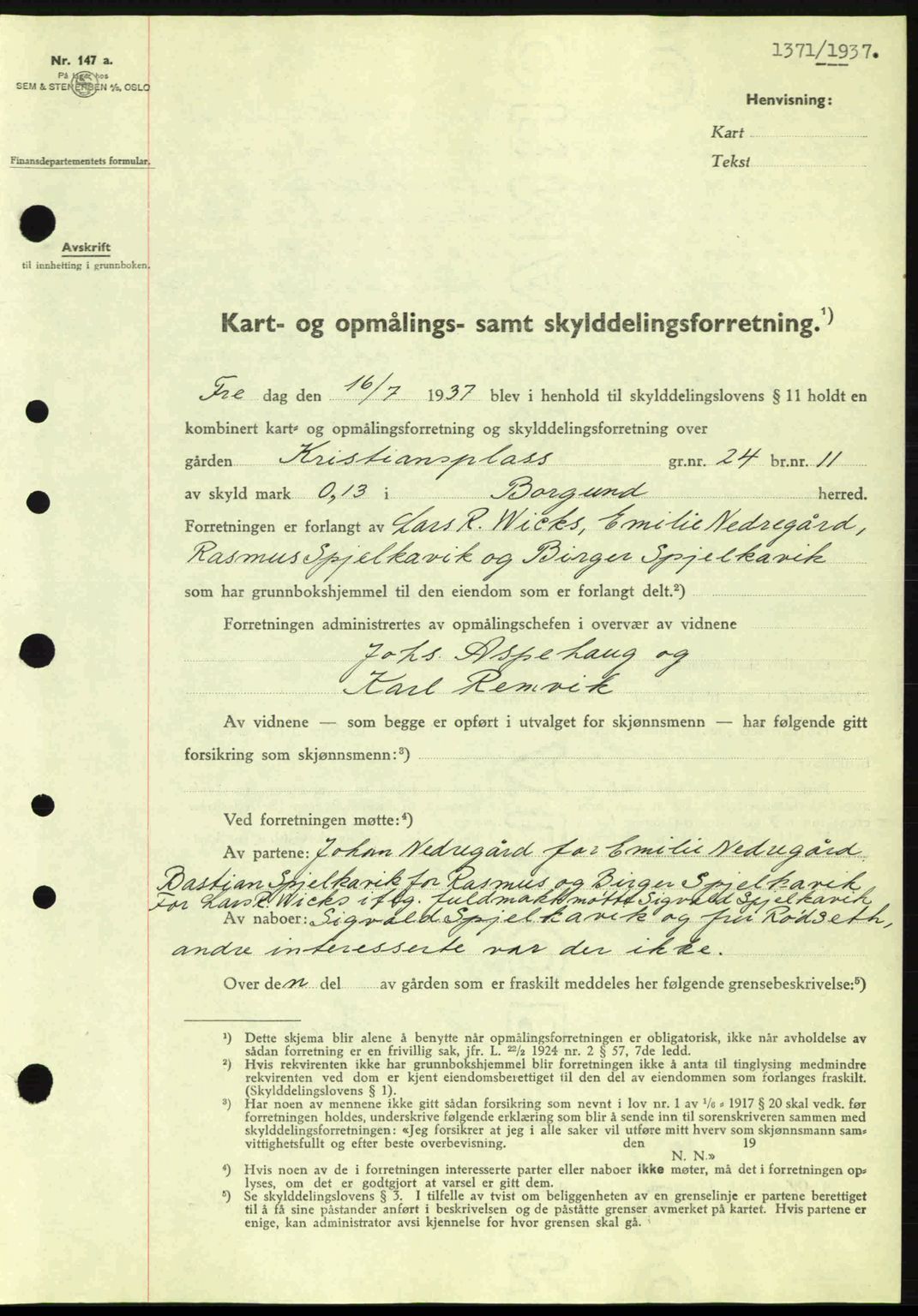 Nordre Sunnmøre sorenskriveri, SAT/A-0006/1/2/2C/2Ca: Pantebok nr. A3, 1937-1937, Dagboknr: 1371/1937