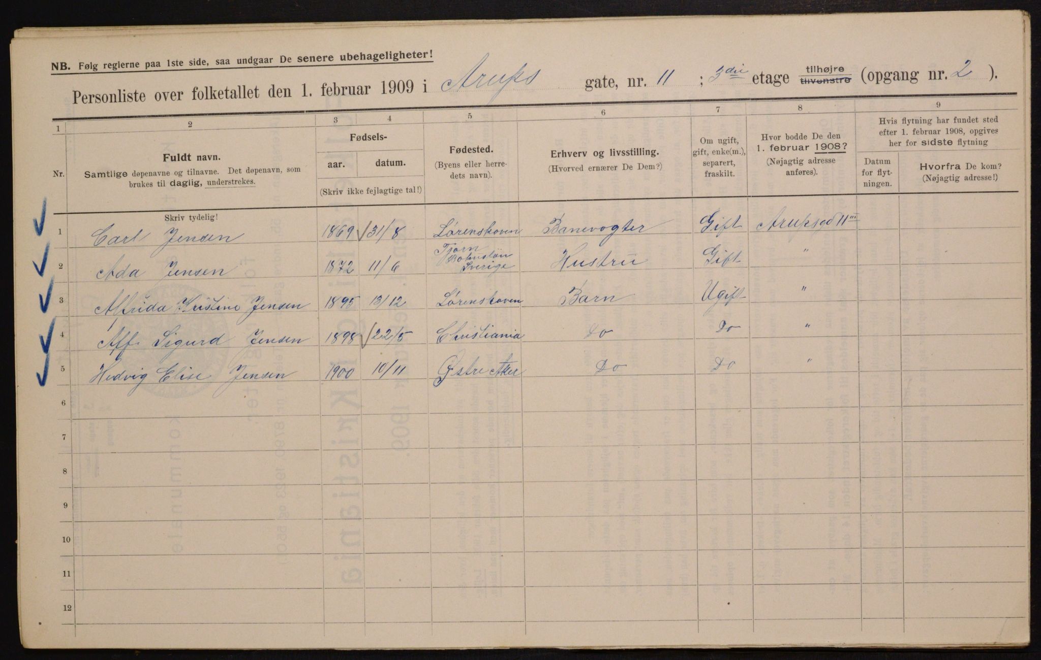 OBA, Kommunal folketelling 1.2.1909 for Kristiania kjøpstad, 1909, s. 2145