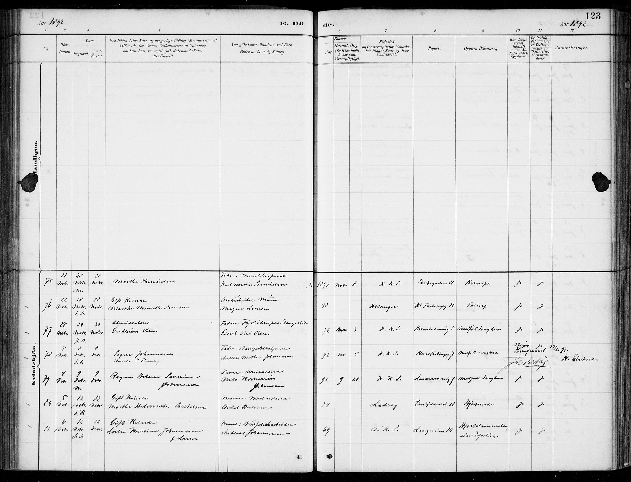 Korskirken sokneprestembete, AV/SAB-A-76101/H/Hab: Klokkerbok nr. E 4, 1884-1910, s. 123